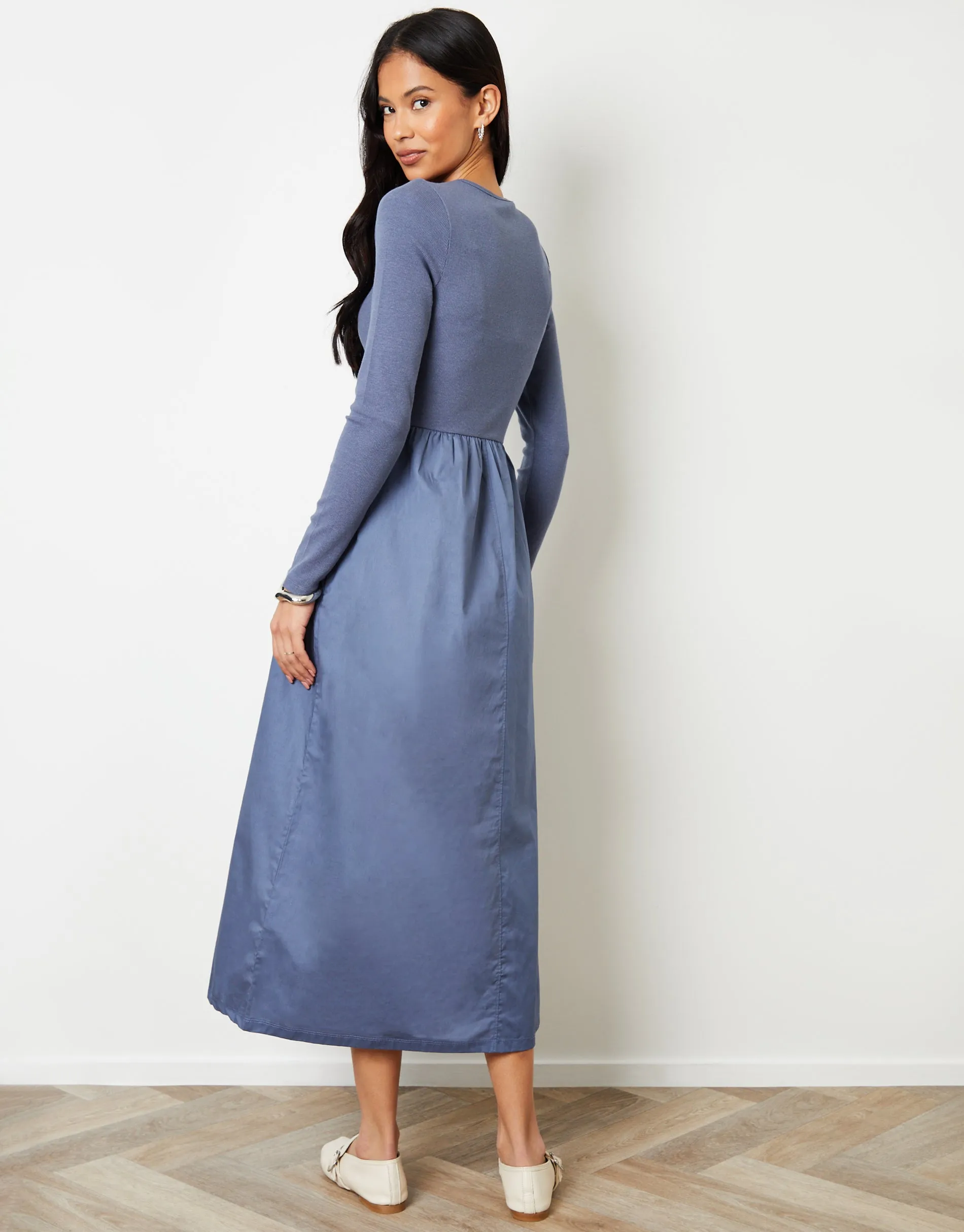 Blue Rib Jersey 2-in-1 Midi Dress with Poplin Skirt sold by Threadbare product image thumbnail 2