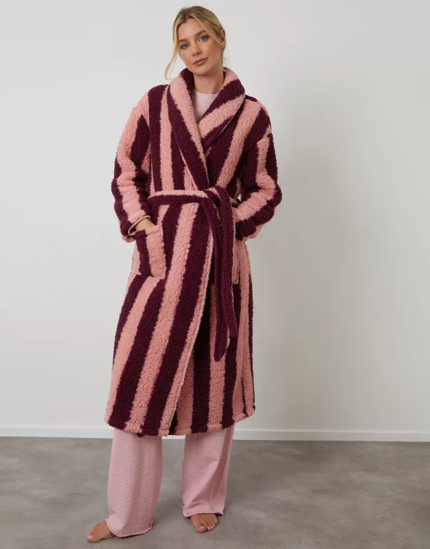 Berry Red Stripe Borg Dressing Gown sold by Threadbare