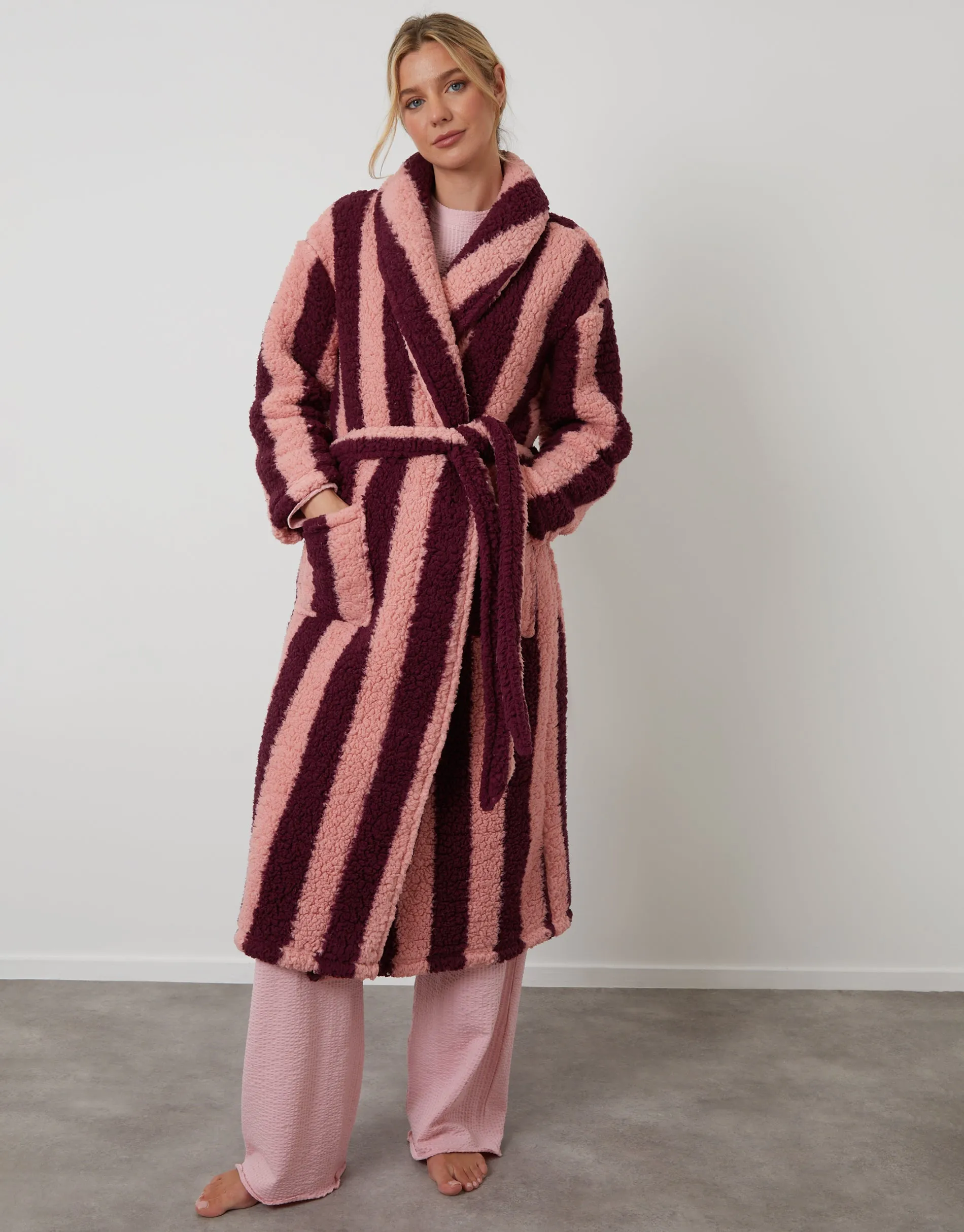Berry Red Stripe Borg Dressing Gown sold by Threadbare