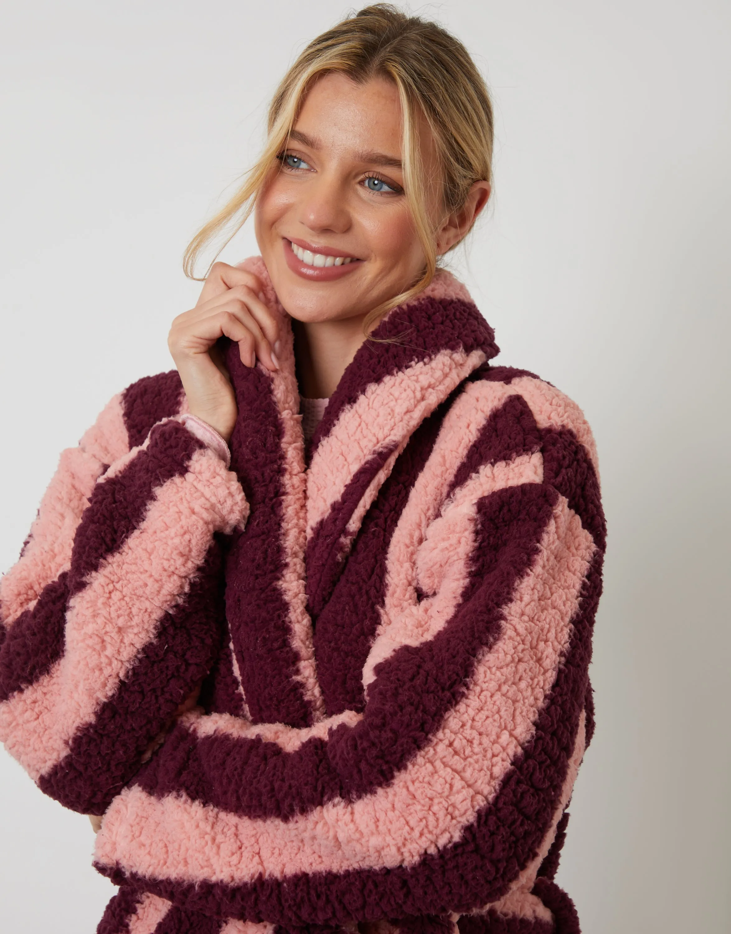 Berry Red Stripe Borg Dressing Gown sold by Threadbare product image thumbnail 4