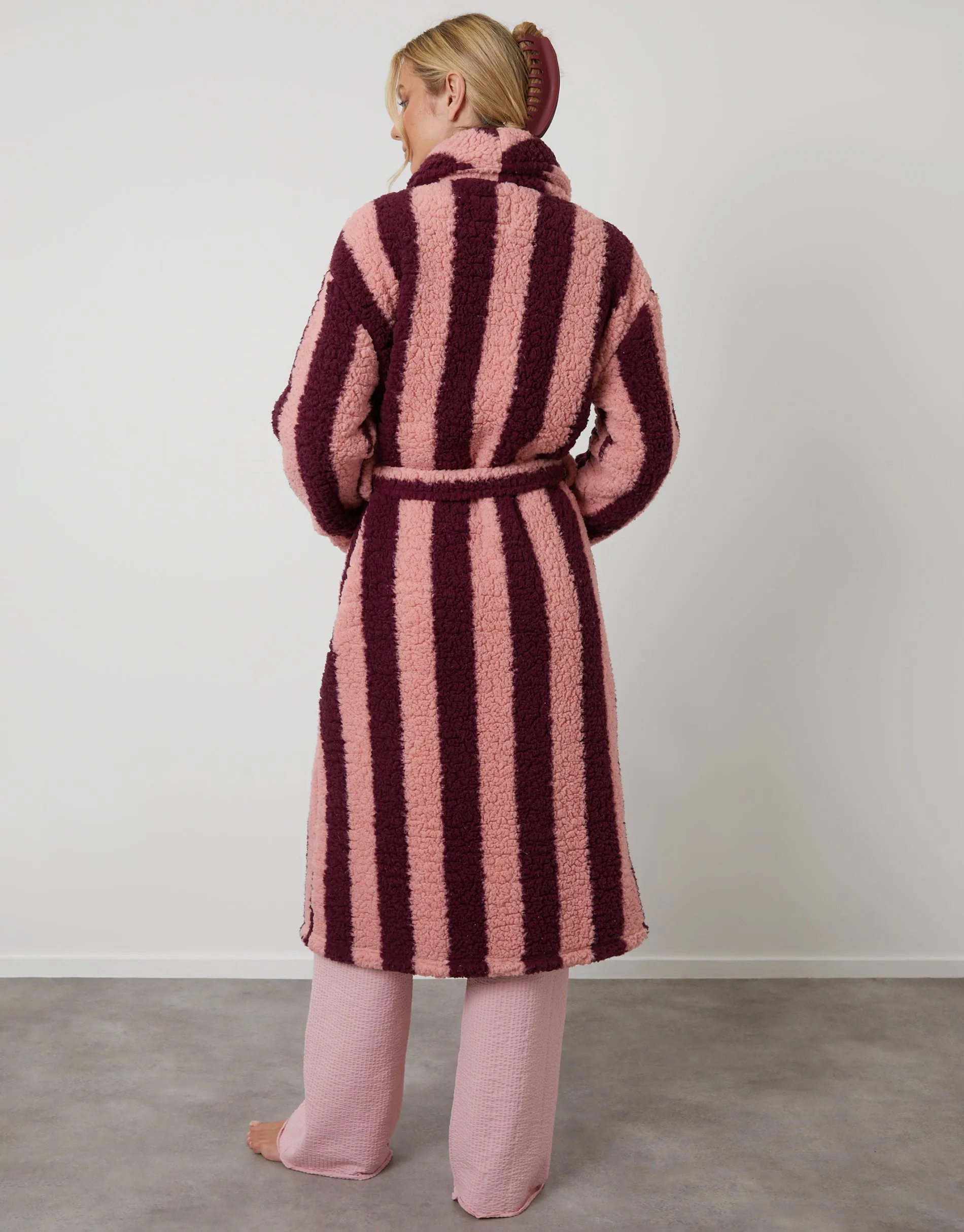 Berry Red Stripe Borg Dressing Gown sold by Threadbare product image thumbnail 2