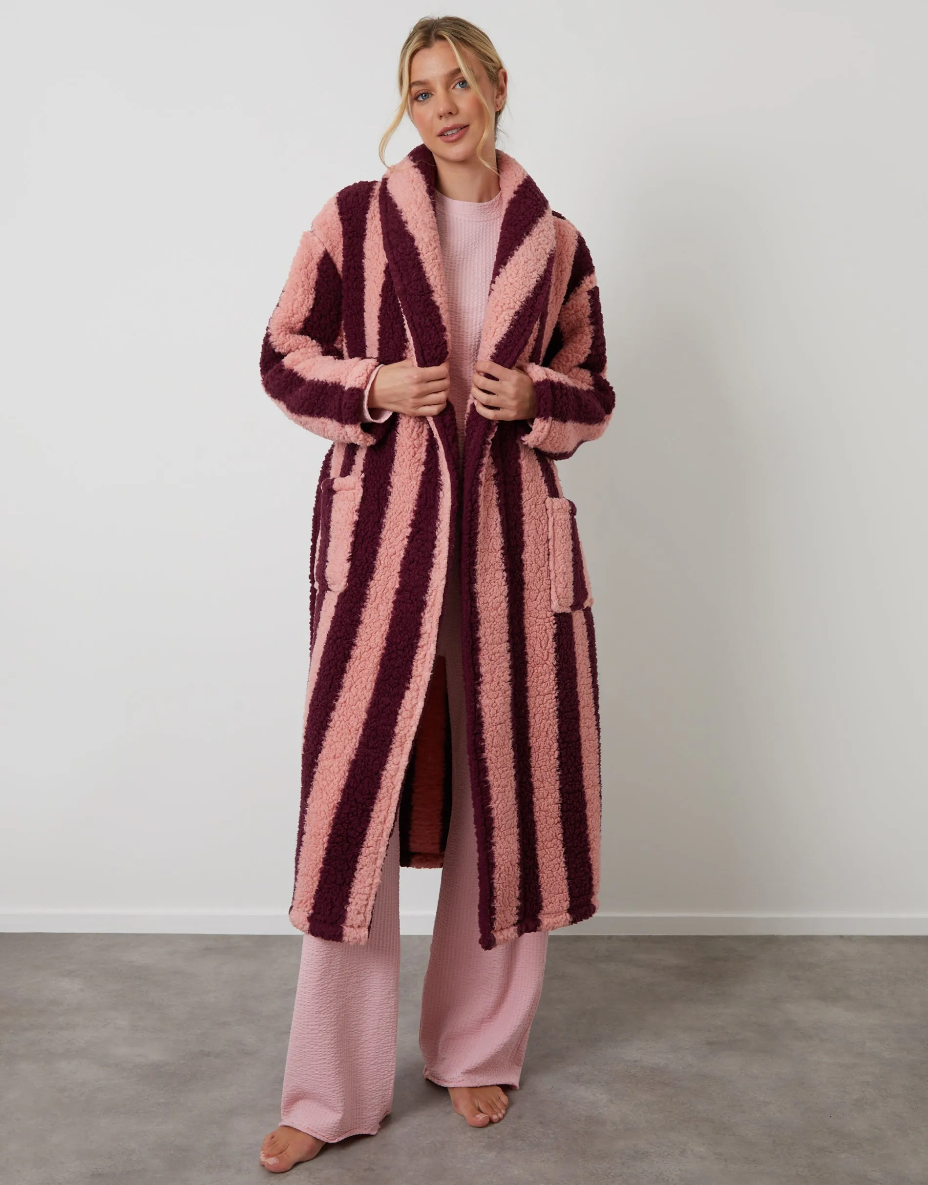 Berry Red Stripe Borg Dressing Gown sold by Threadbare product image thumbnail 3