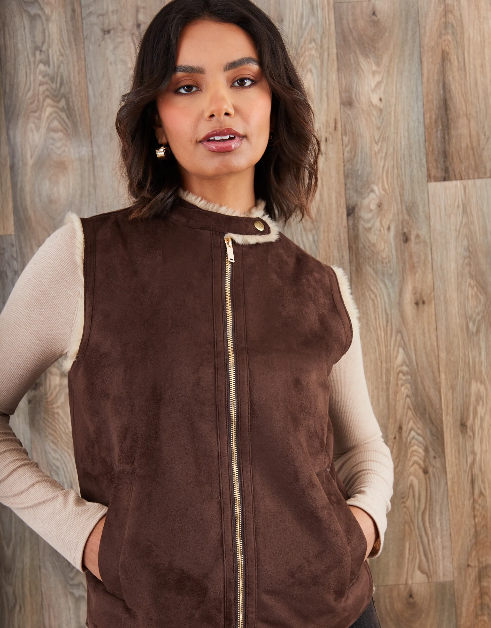 Chocolate Brown Faux Suede Borg Lined Gilet sold by Threadbare product image thumbnail 4