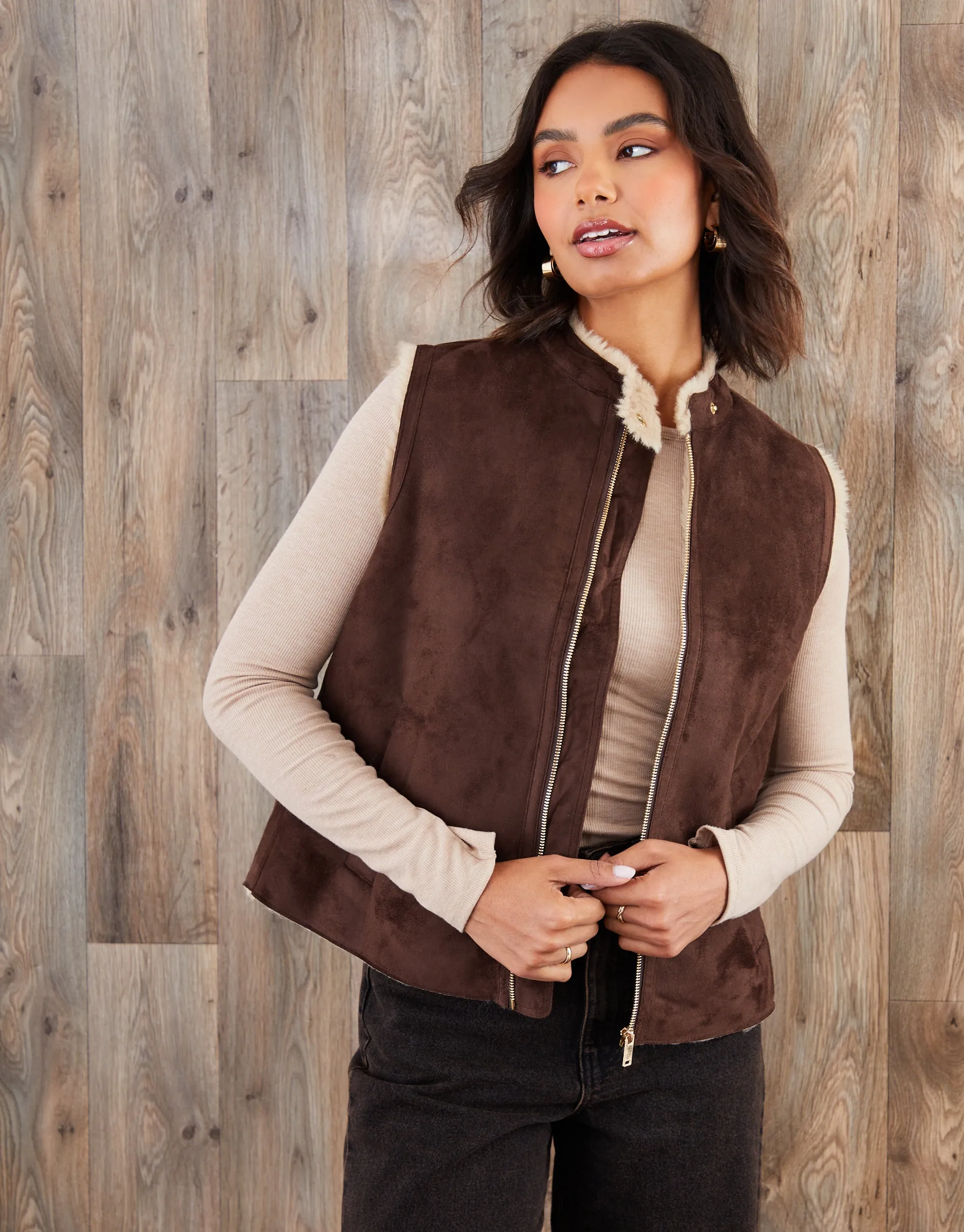 Chocolate Brown Faux Suede Borg Lined Gilet sold by Threadbare
