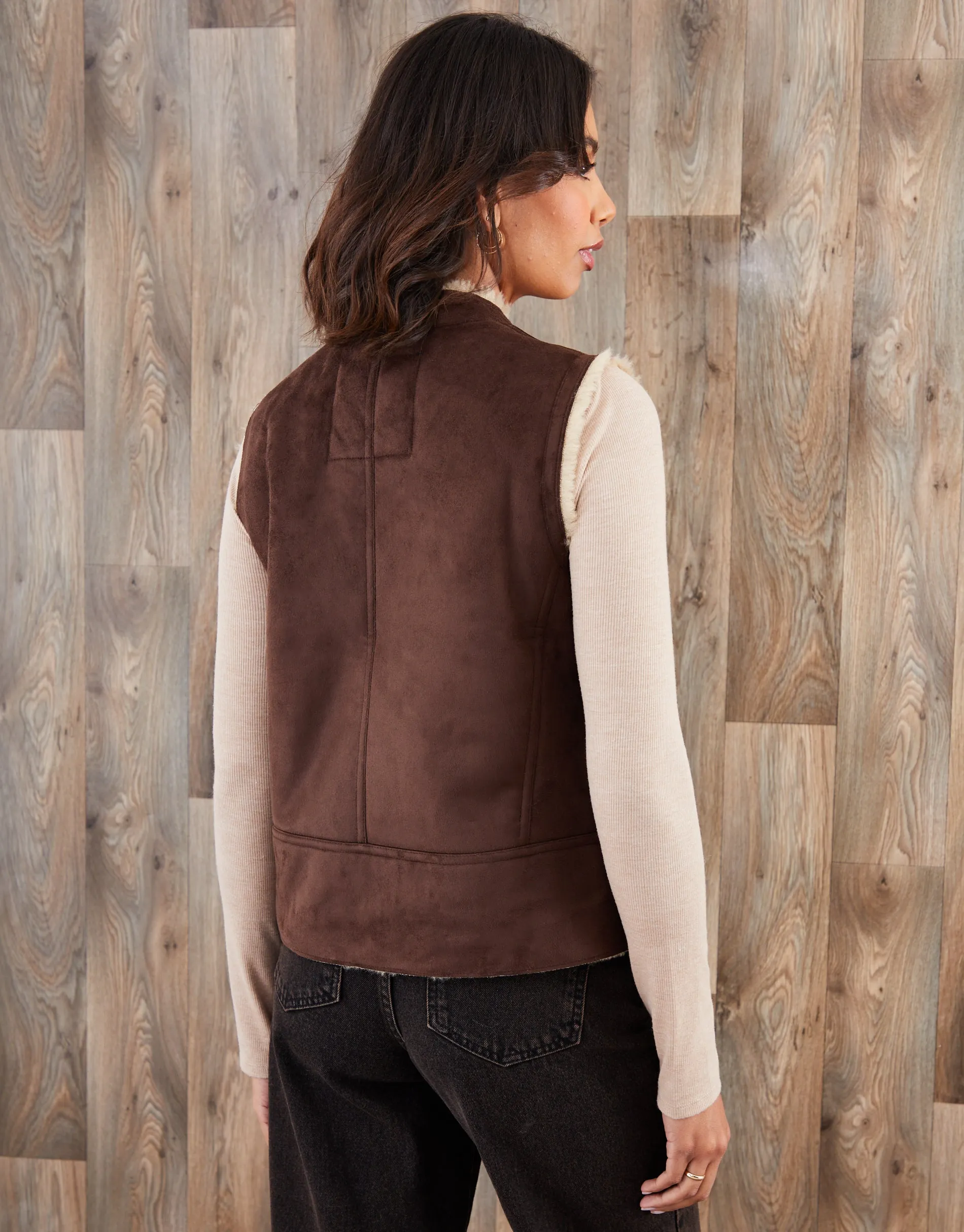 Chocolate Brown Faux Suede Borg Lined Gilet sold by Threadbare product image thumbnail 2