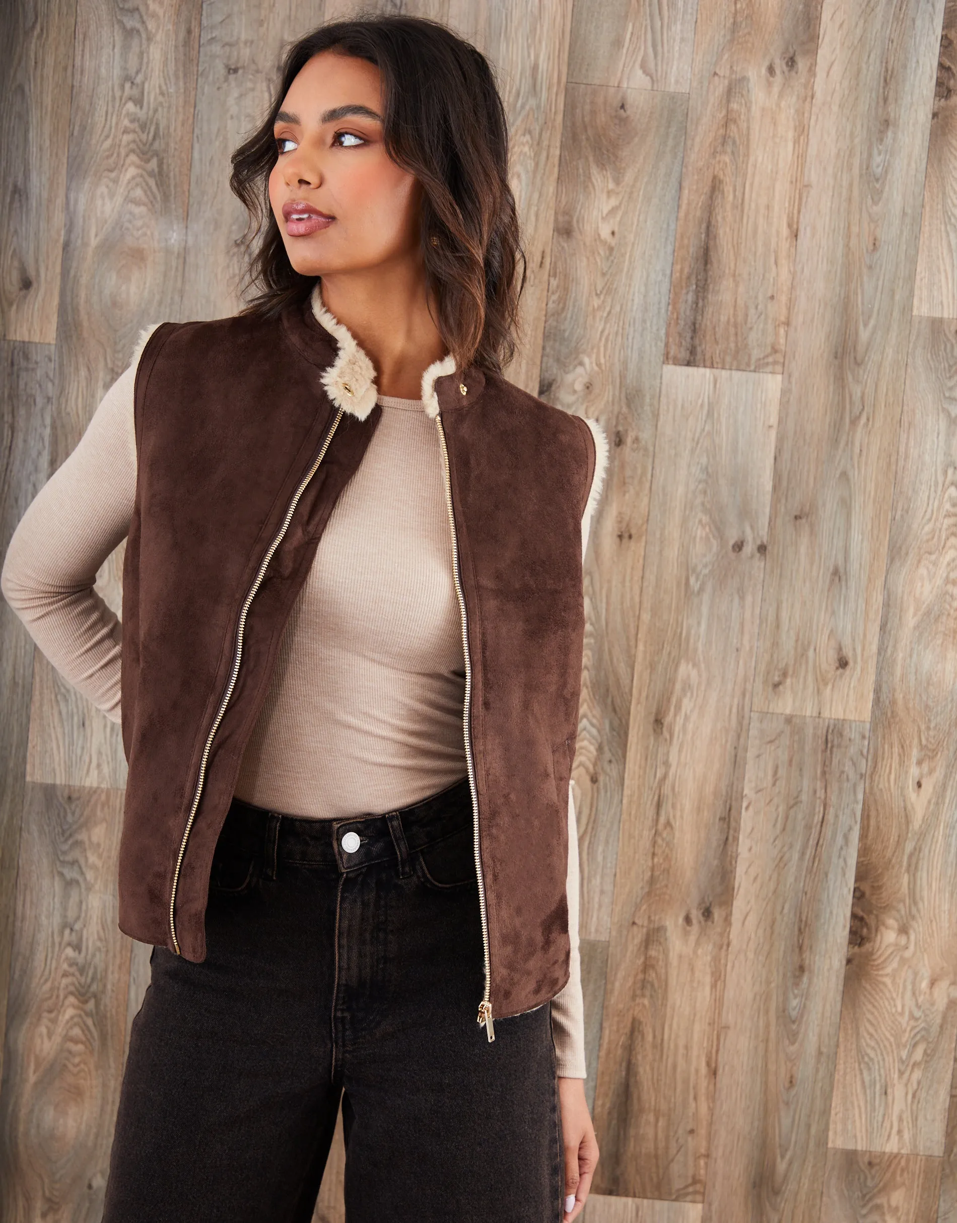 Chocolate Brown Faux Suede Borg Lined Gilet sold by Threadbare product image thumbnail 3