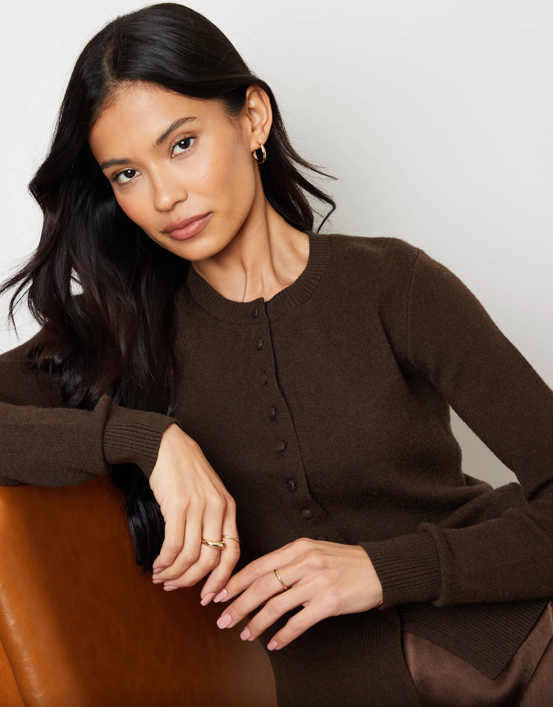 Chocolate Brown Crew Neck Compact Knitted Cardigan sold by Threadbare product image thumbnail 5