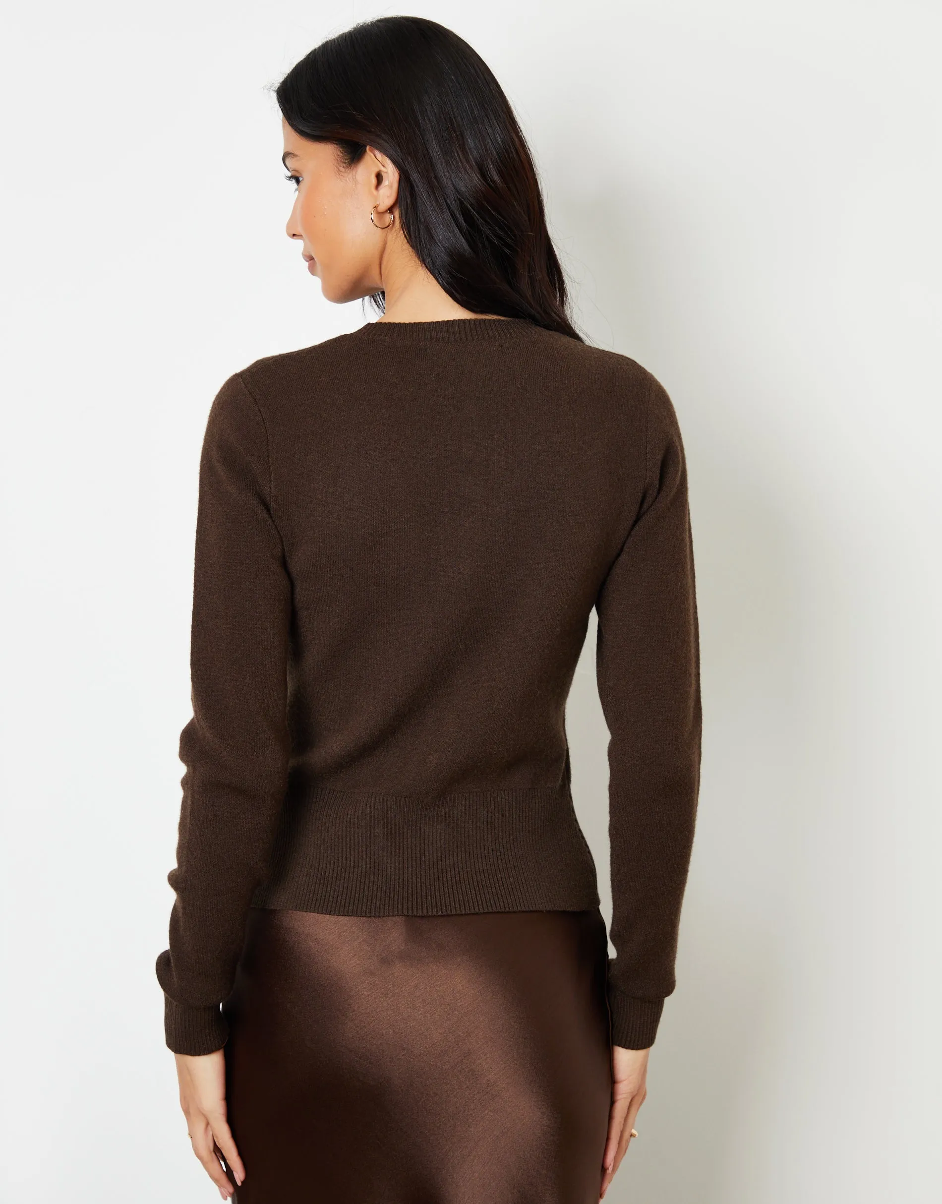 Chocolate Brown Crew Neck Compact Knitted Cardigan sold by Threadbare product image thumbnail 3