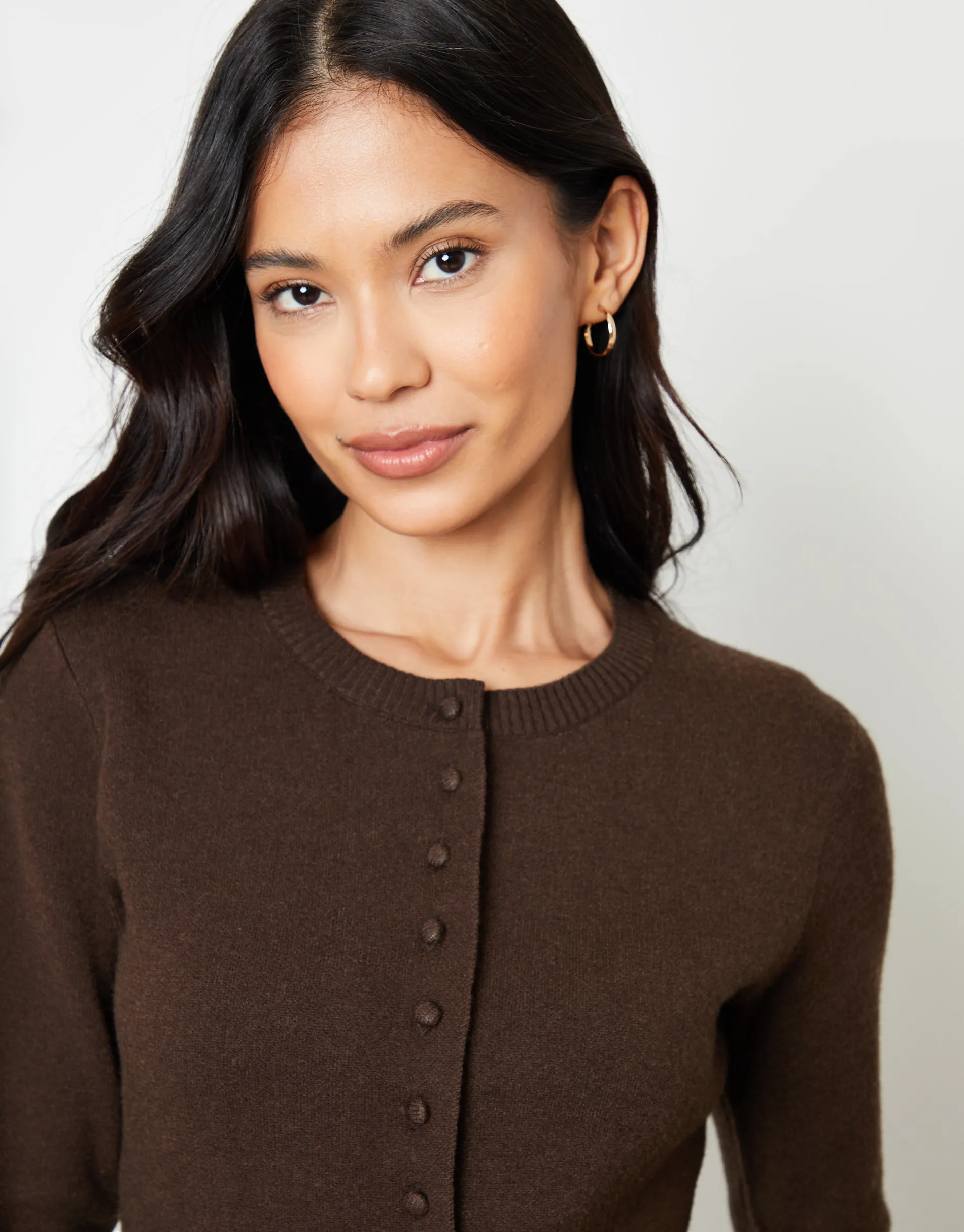 Chocolate Brown Crew Neck Compact Knitted Cardigan sold by Threadbare product image thumbnail 2