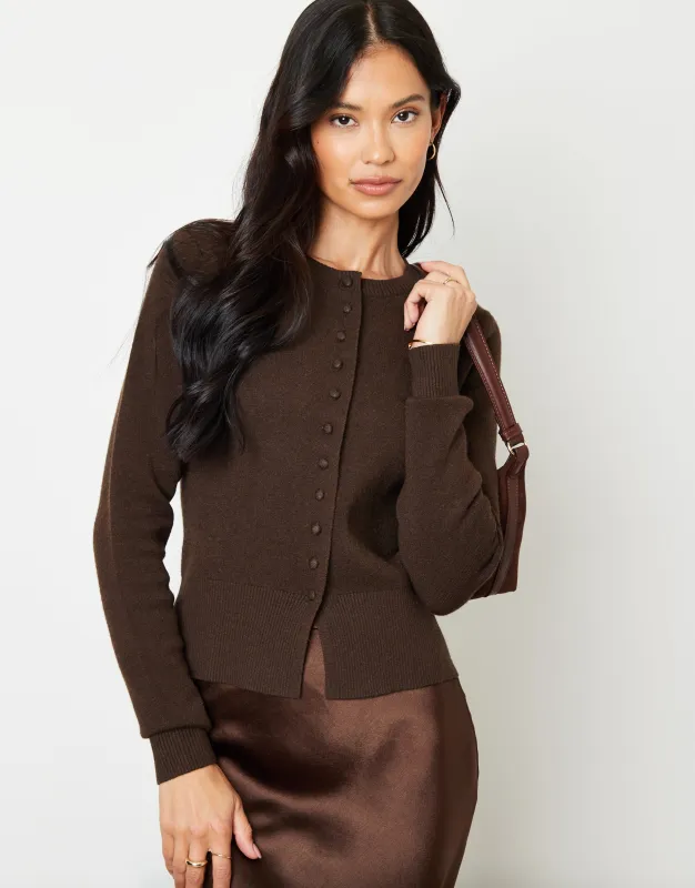 Chocolate Brown Crew Neck Compact Knitted Cardigan sold by Threadbare