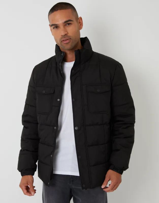 Black Padded Funnel Neck Jacket sold by Threadbare