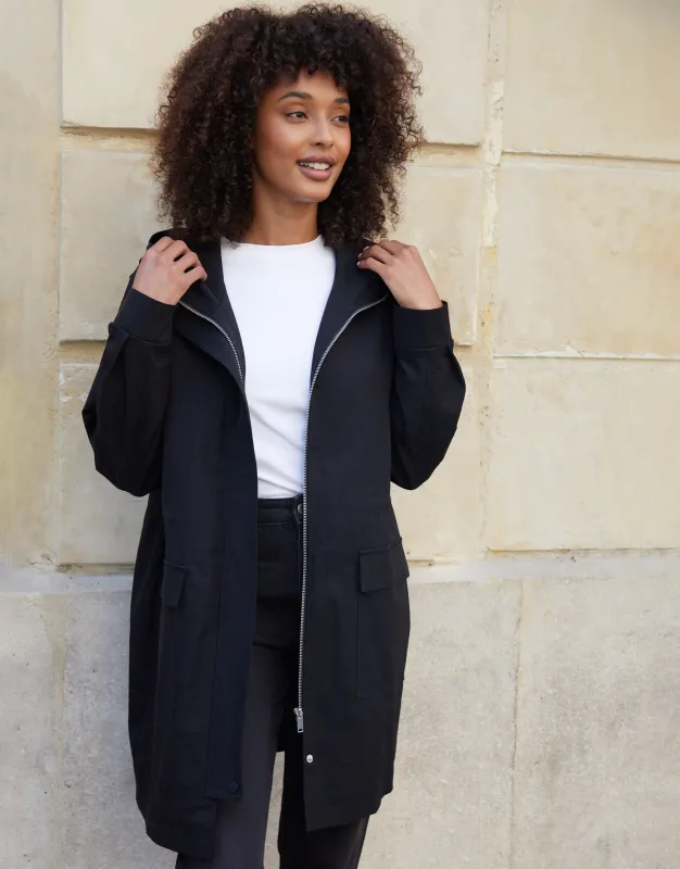 Black Mid Length Hooded Mac sold by Threadbare