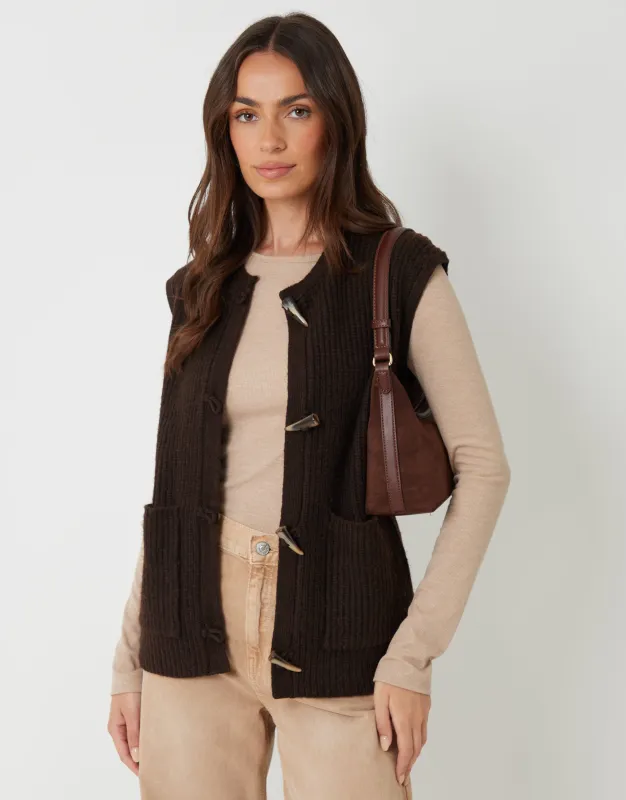 Chocolate Brown Toggle Detail Chunky Knit Vest sold by Threadbare