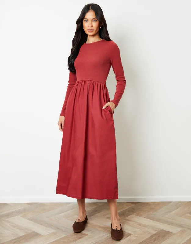 Rust Orange Rib Jersey 2-in-1 Midi Dress with Poplin Skirt sold by Threadbare