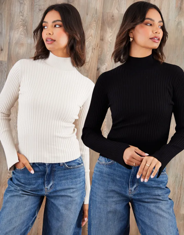 Black & Ecru Ribbed Knit High Neck Jumpers (2 Pack) sold by Threadbare