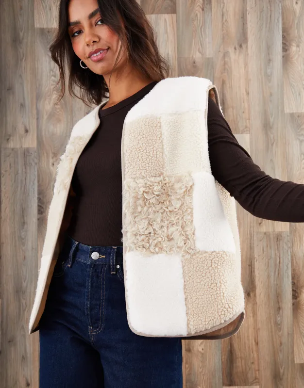 Cream Patchwork Borg Gilet sold by Threadbare