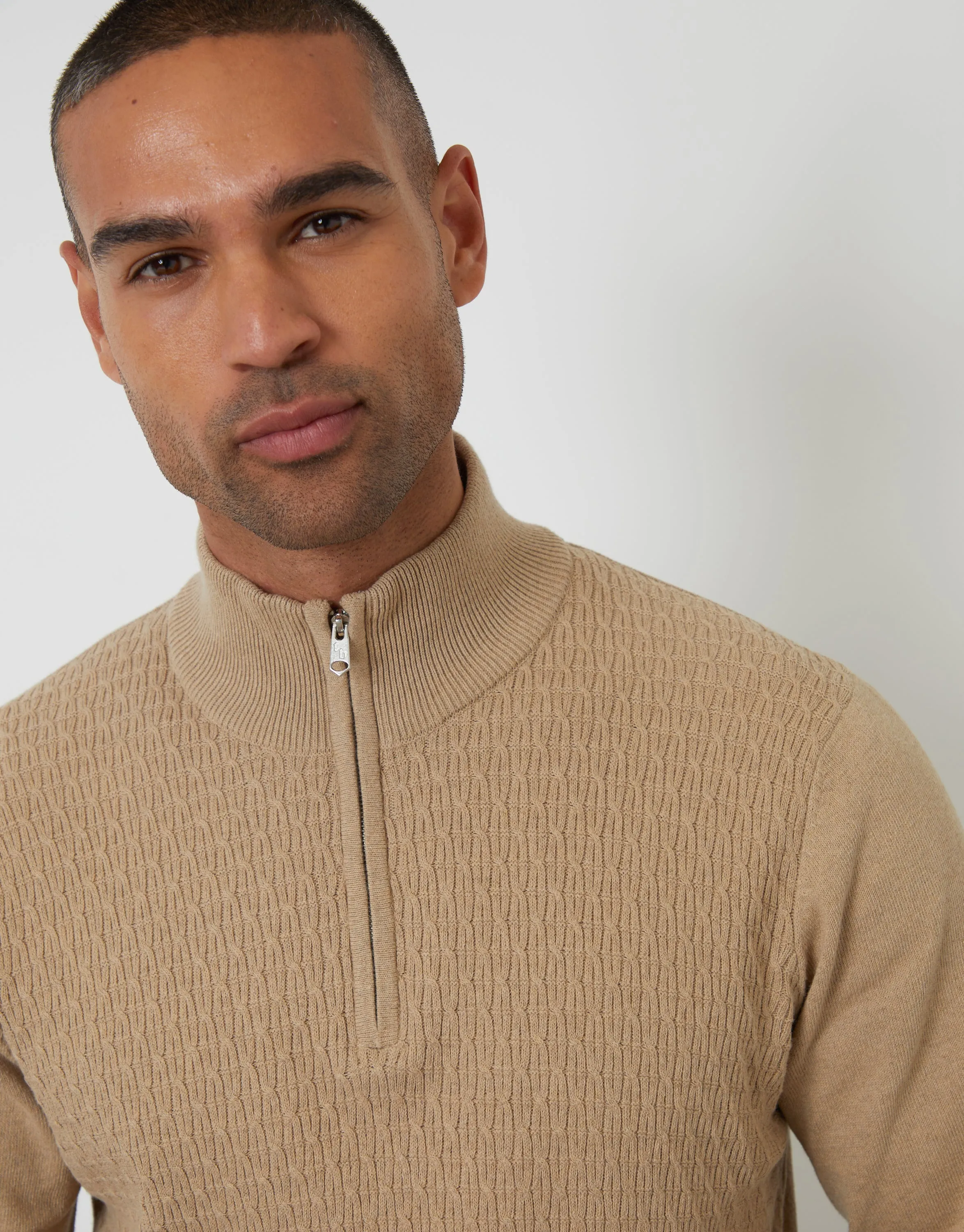 Taupe Mini Cable Knit Quarter Zip Jumper sold by Threadbare product image thumbnail 4