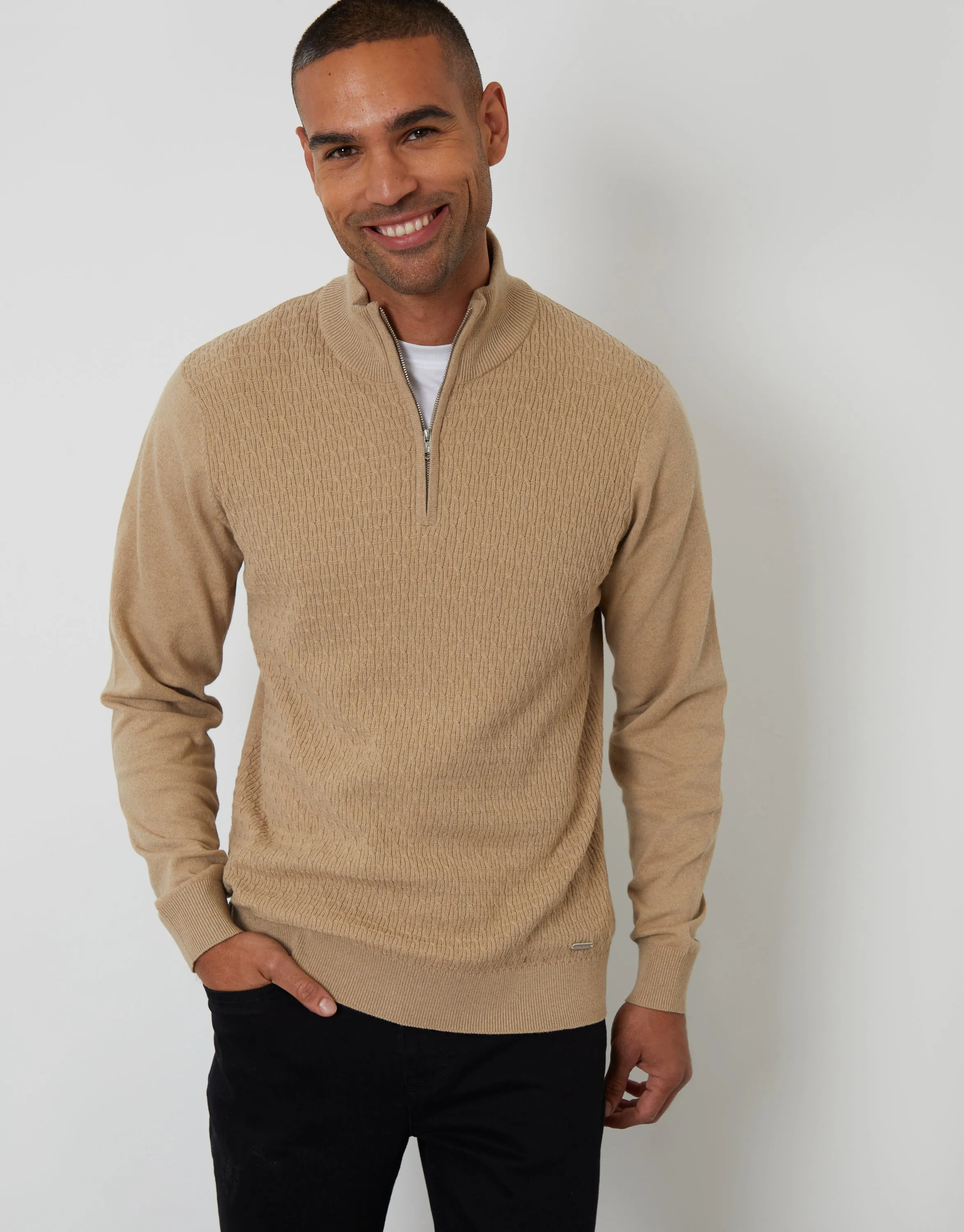 Taupe Mini Cable Knit Quarter Zip Jumper sold by Threadbare