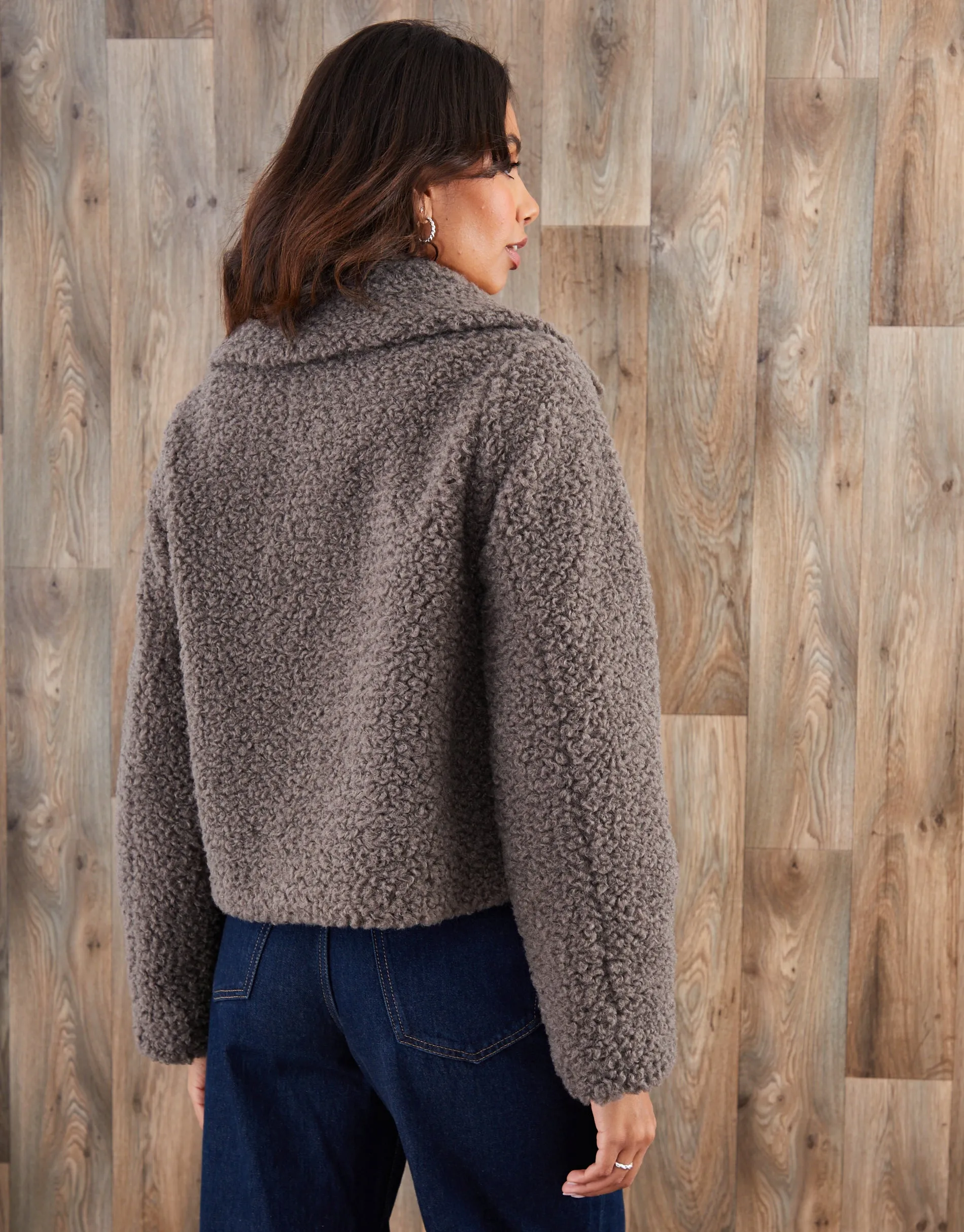 Grey Collared Zip Up Borg Bomber Jacket sold by Threadbare product image thumbnail 3