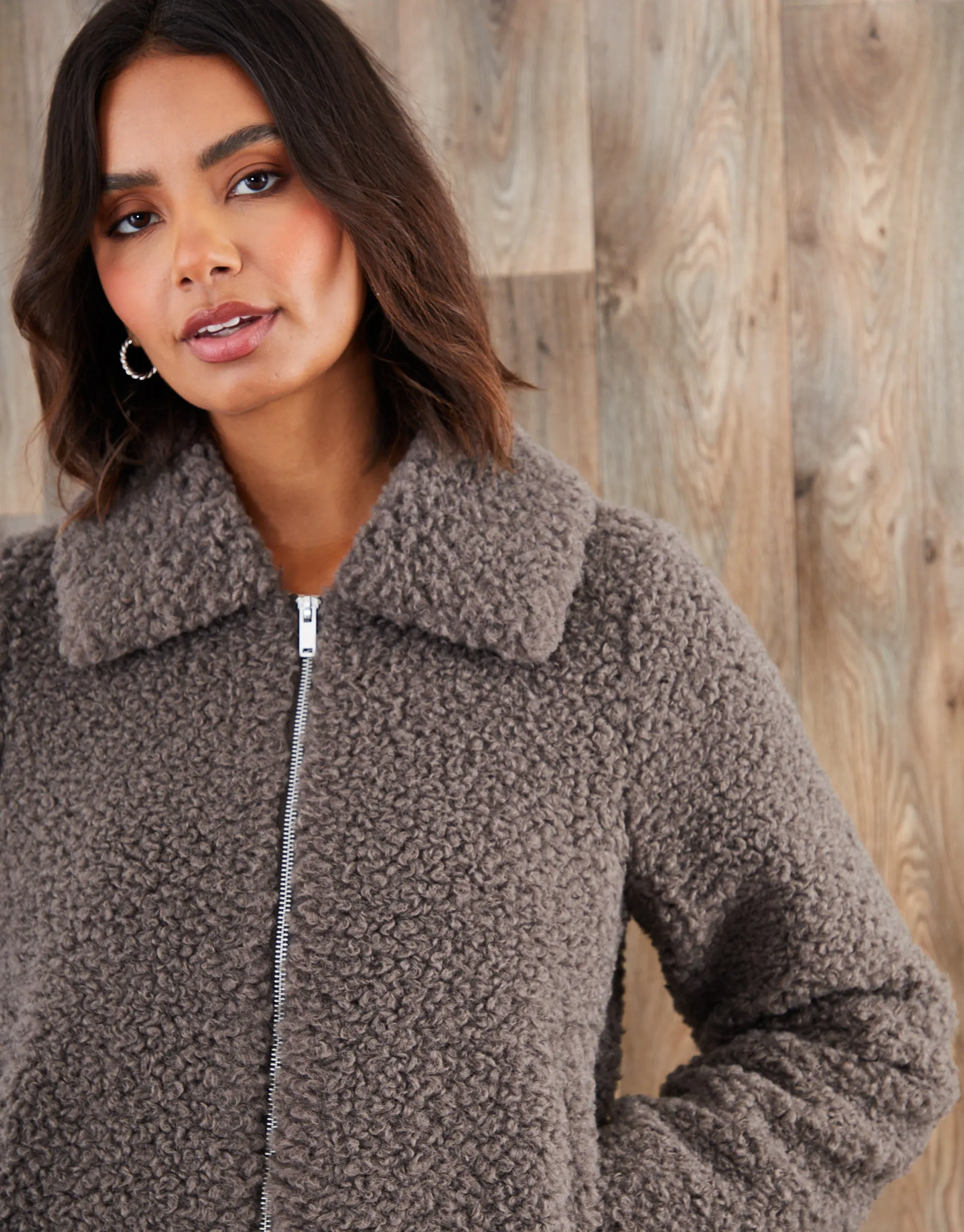 Grey Collared Zip Up Borg Bomber Jacket sold by Threadbare product image thumbnail 2