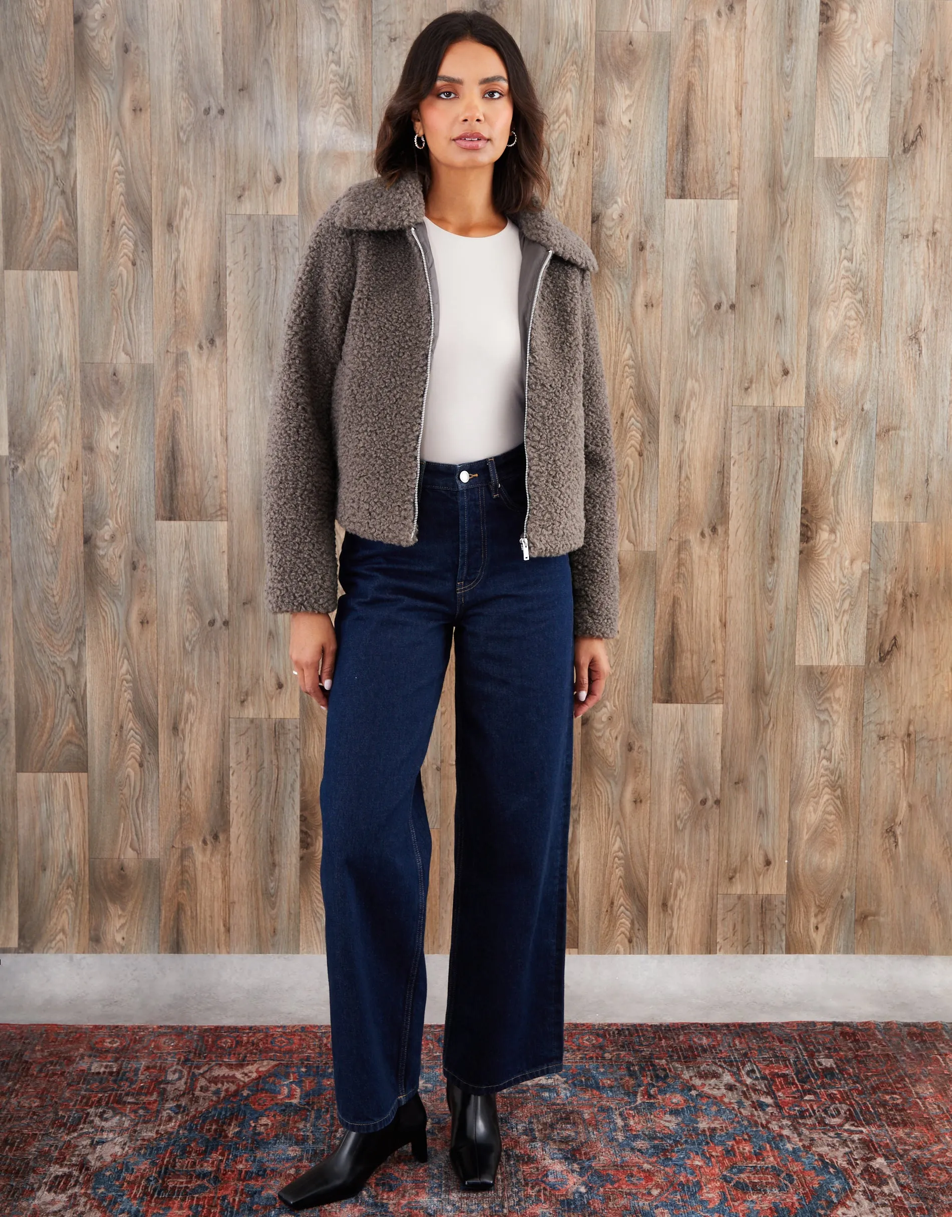 Grey Collared Zip Up Borg Bomber Jacket sold by Threadbare product image thumbnail 4