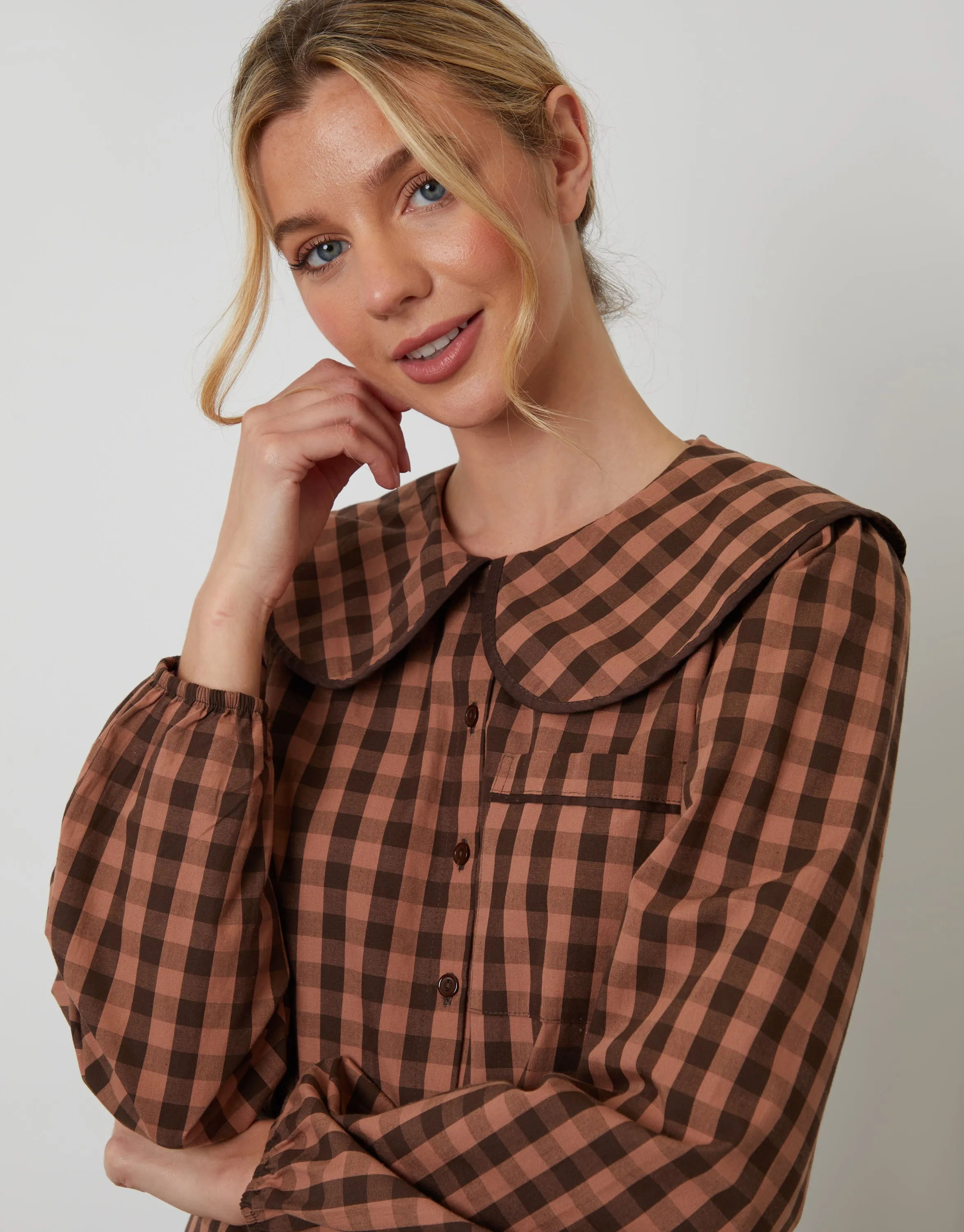 Brown Check Peter Pan Collar Long Pyjamas (2-Piece Set) sold by Threadbare product image thumbnail 4