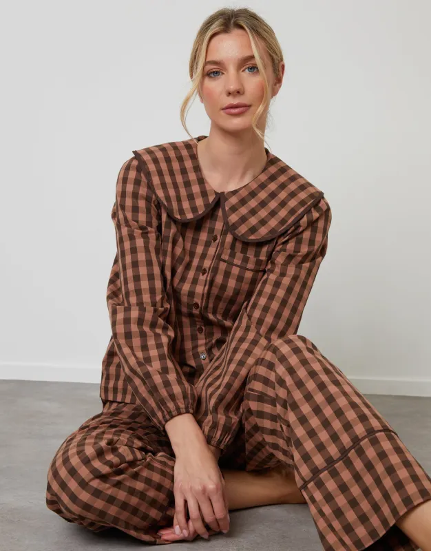 Brown Check Peter Pan Collar Long Pyjamas (2-Piece Set) sold by Threadbare