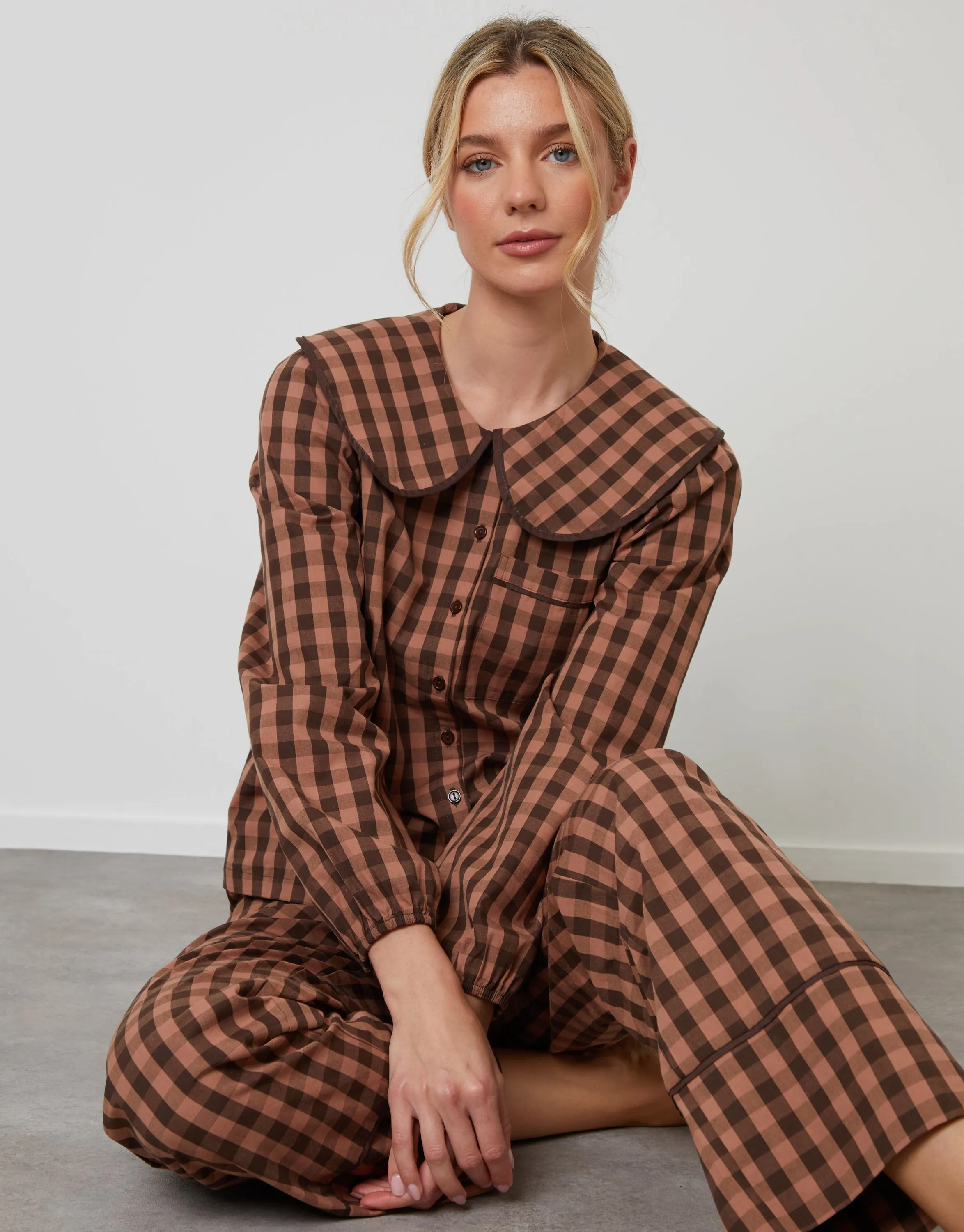 Brown Check Peter Pan Collar Long Pyjamas (2-Piece Set) sold by Threadbare