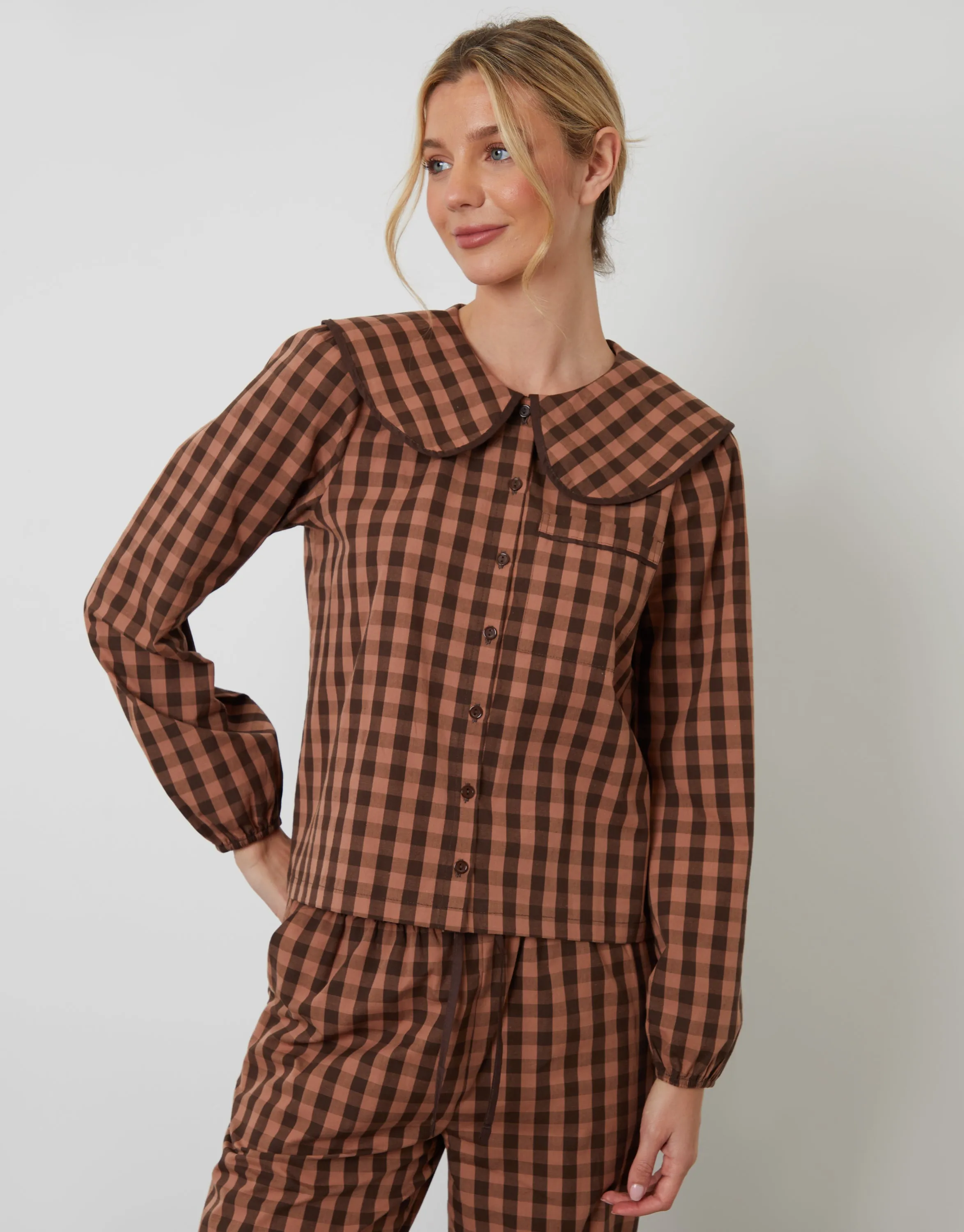 Brown Check Peter Pan Collar Long Pyjamas (2-Piece Set) sold by Threadbare product image thumbnail 5