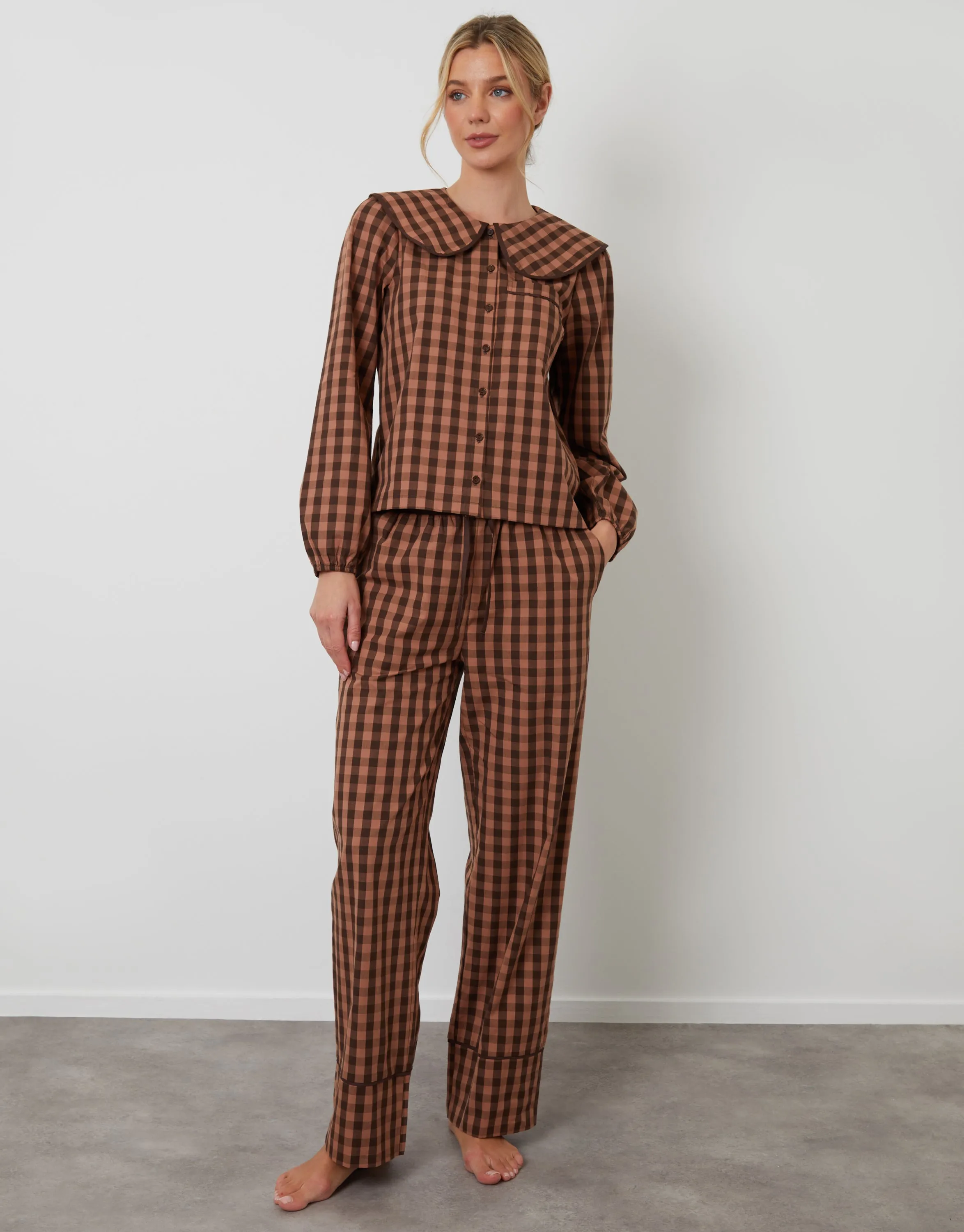 Brown Check Peter Pan Collar Long Pyjamas (2-Piece Set) sold by Threadbare product image thumbnail 2