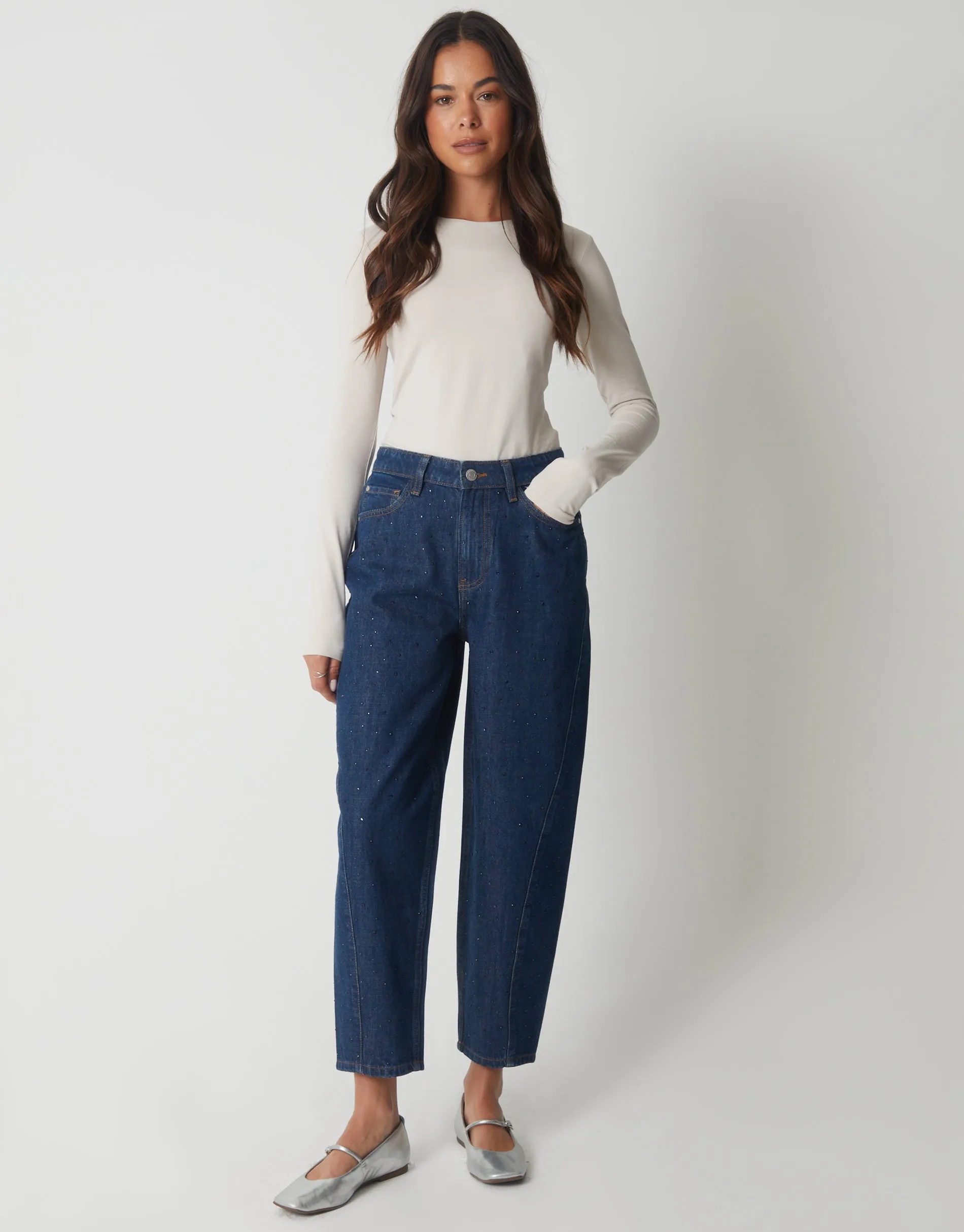 Indigo Wash Embellished Barrel Leg Jeans sold by Threadbare product image thumbnail 4