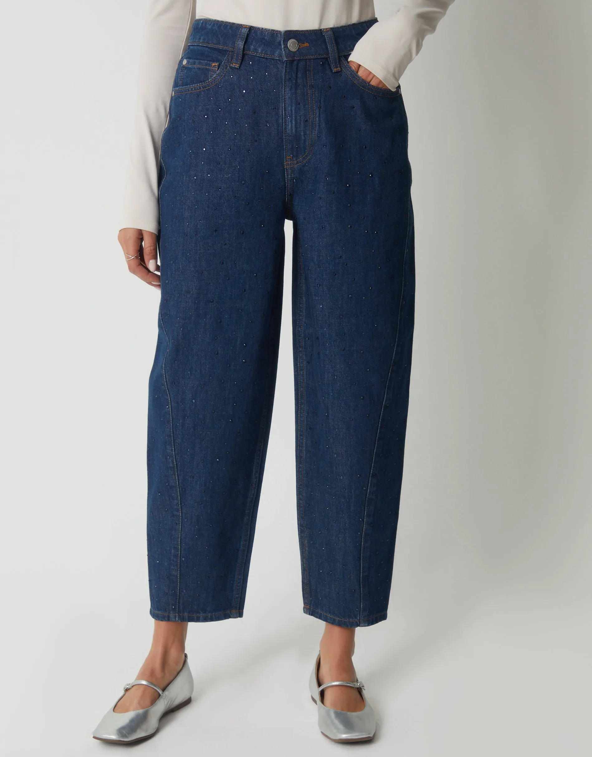 Indigo Wash Embellished Barrel Leg Jeans sold by Threadbare product image thumbnail 2