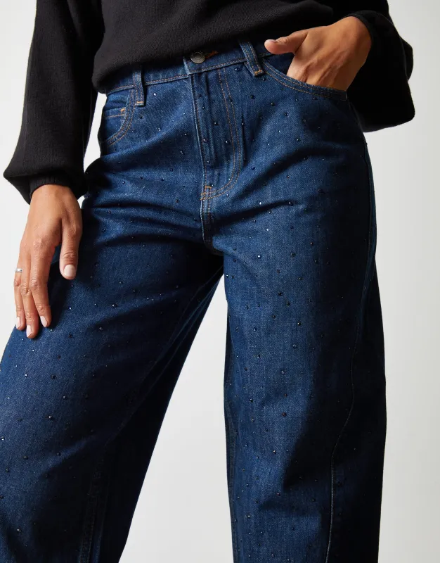 Indigo Wash Embellished Barrel Leg Jeans sold by Threadbare