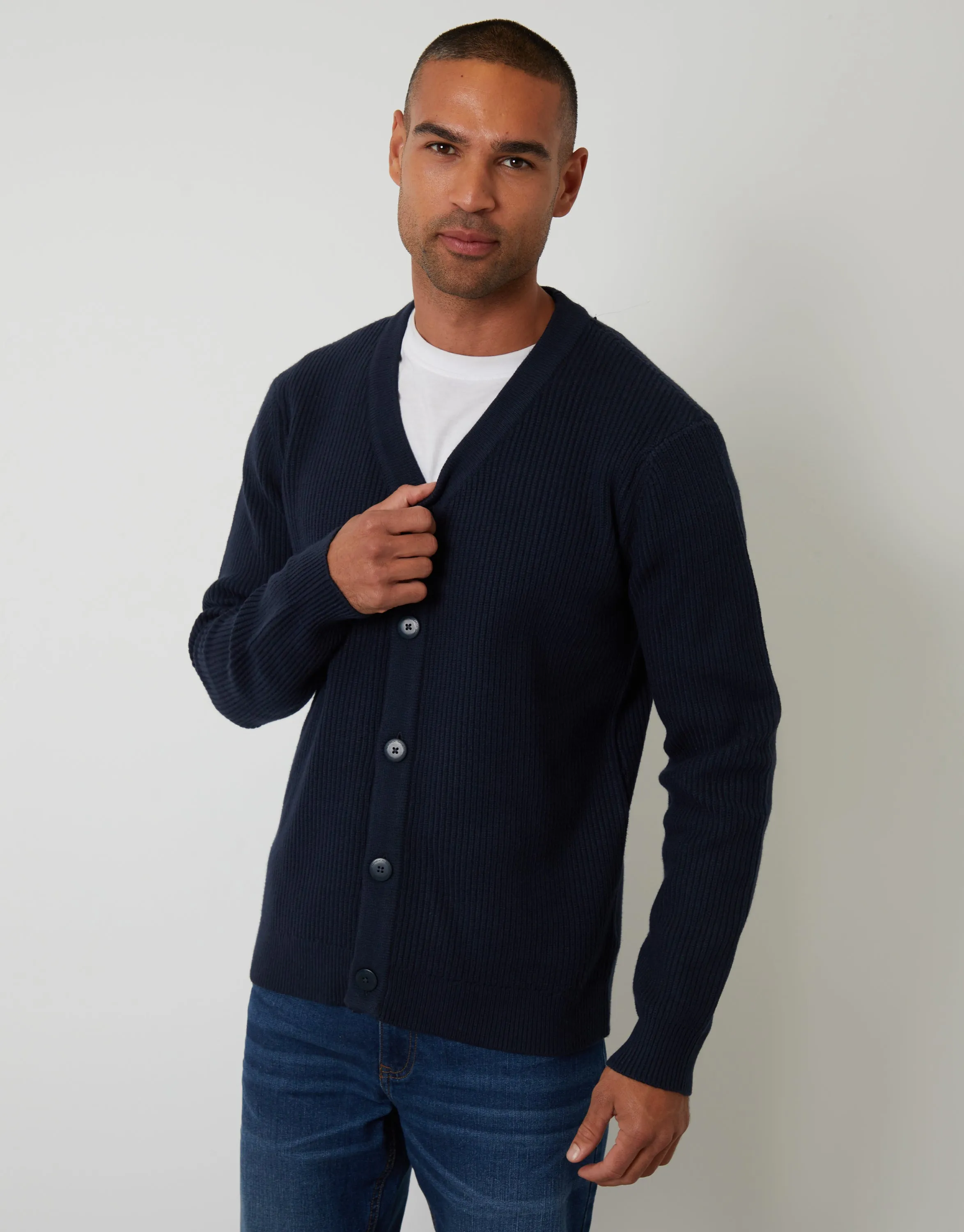 Navy Rib Knit Button Up Cardigan sold by Threadbare