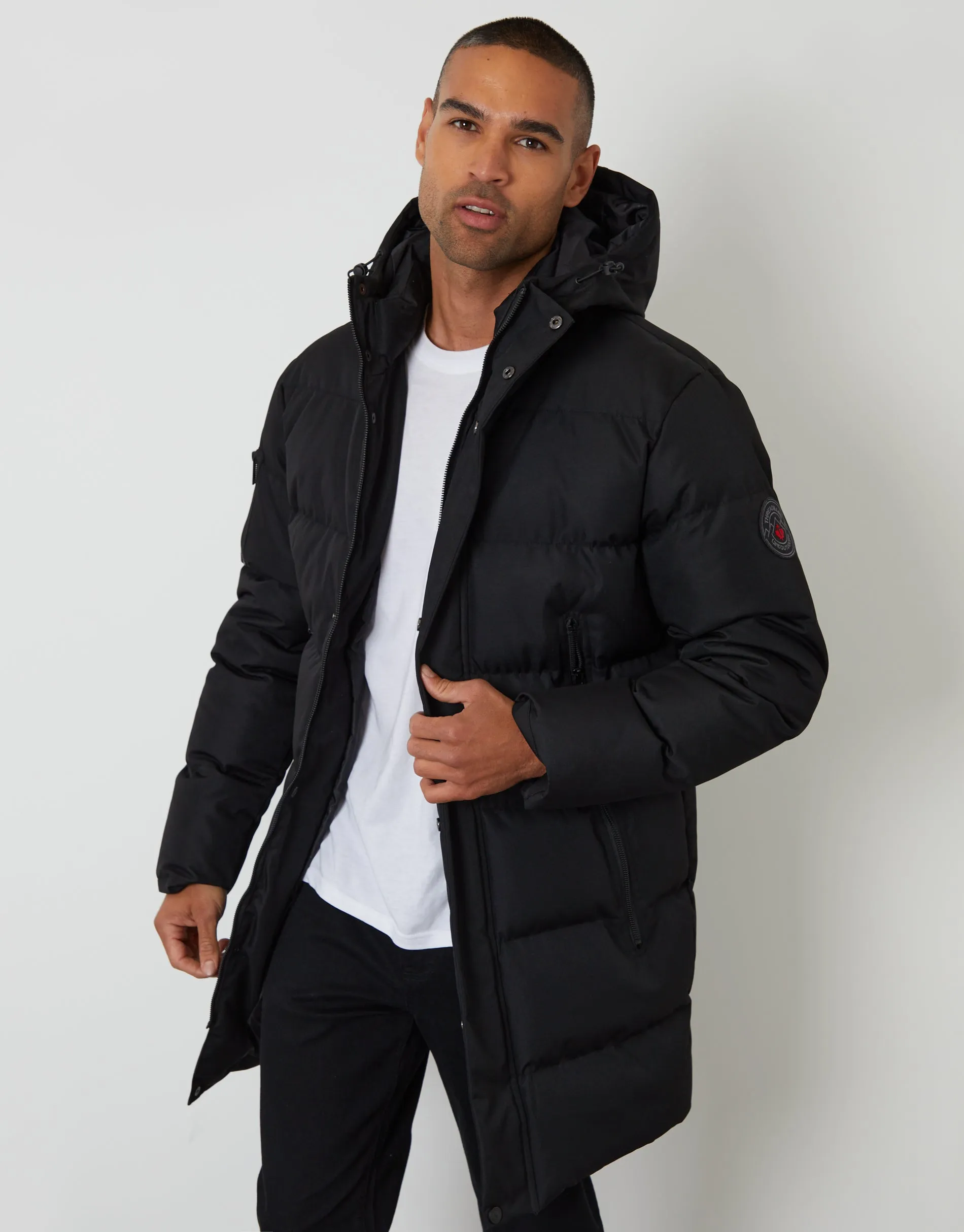 Black Showerproof Longline Hooded Puffer Jacket sold by Threadbare