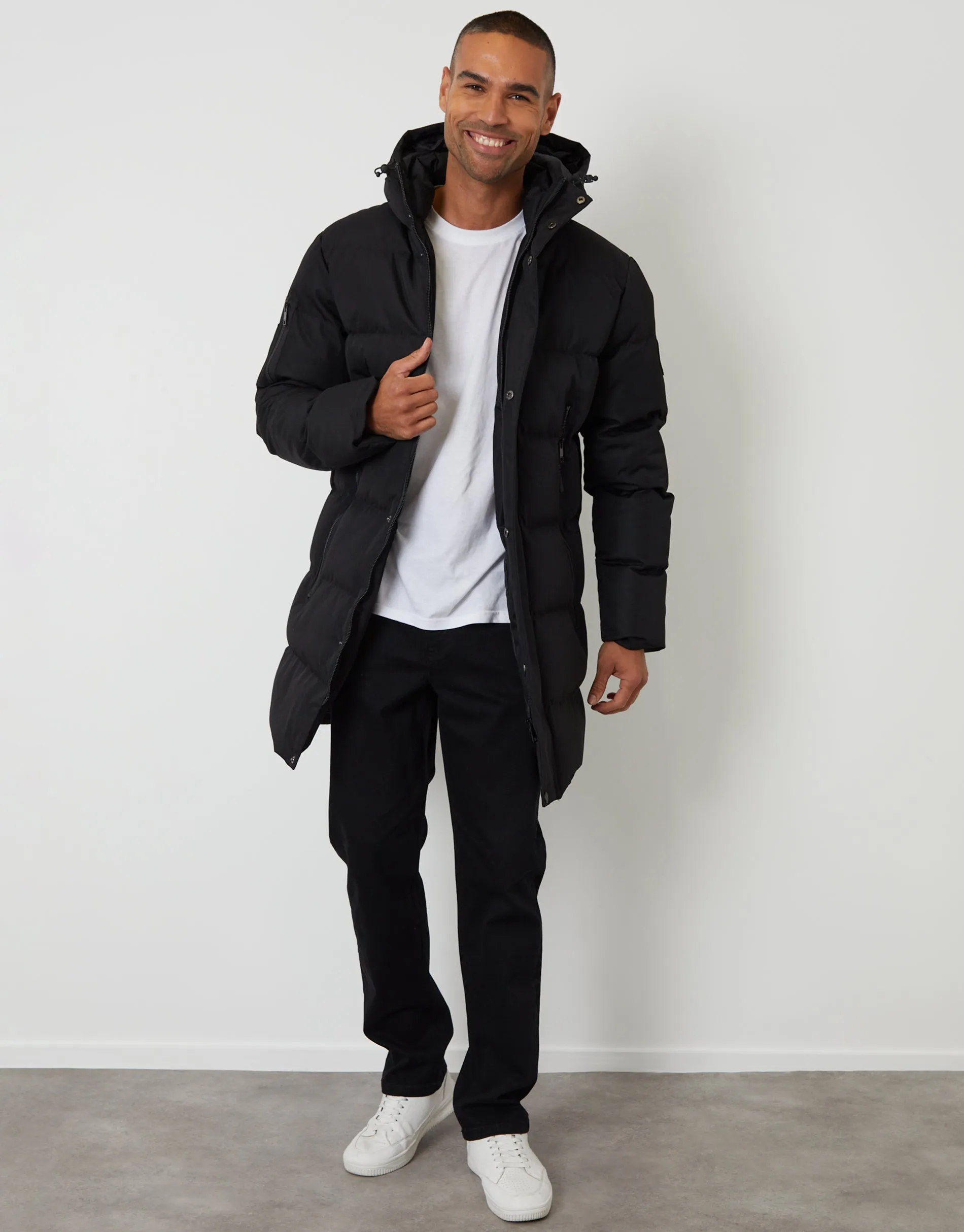 Black Showerproof Longline Hooded Puffer Jacket sold by Threadbare product image thumbnail 3