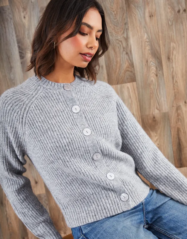 Grey Chunky Knit Button Up Cardigan sold by Threadbare