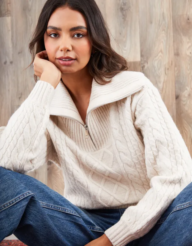 Ecru Cable Knit Quarter Zip Jumper sold by Threadbare
