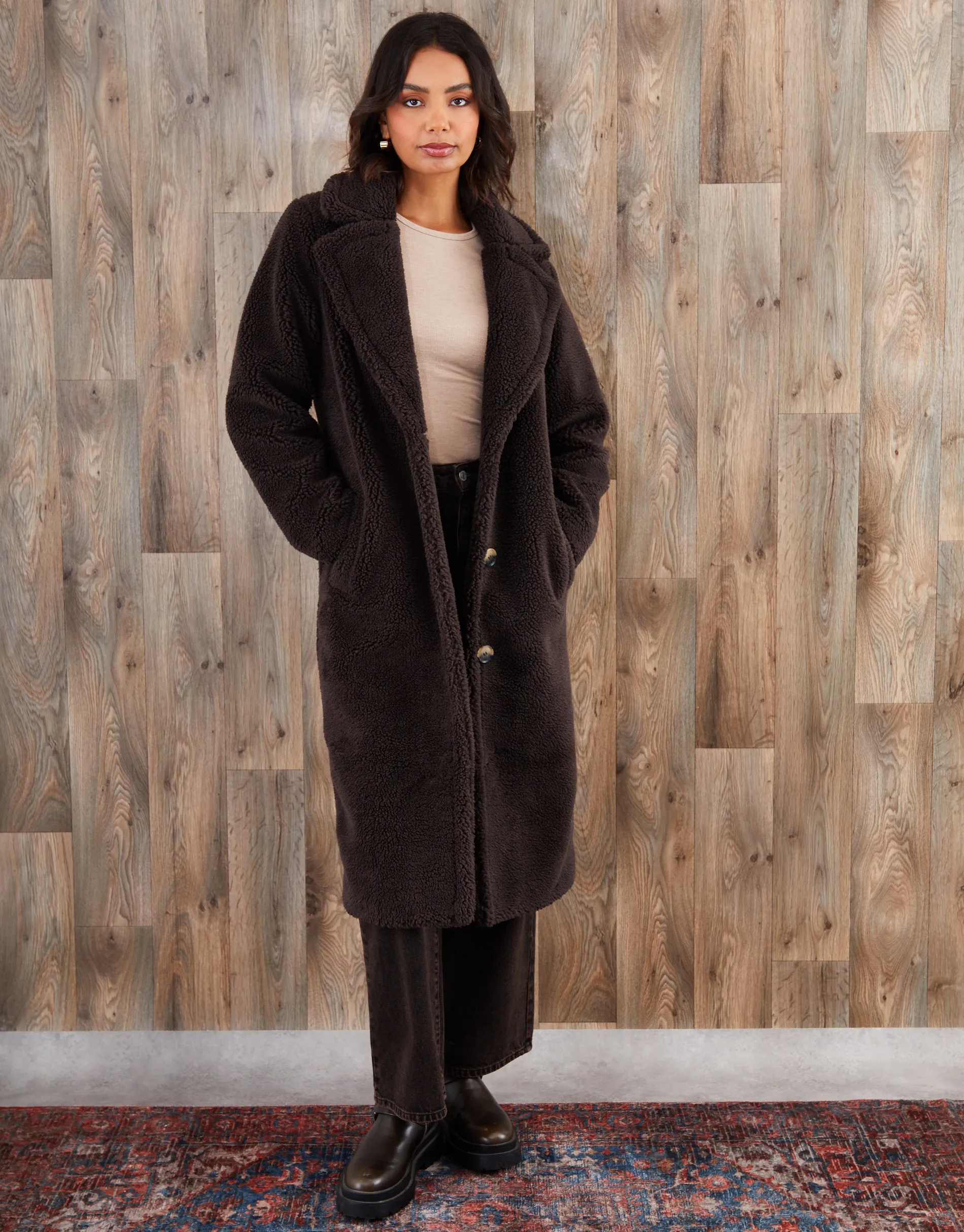 Chocolate Brown Longline Borg Teddy Coat sold by Threadbare