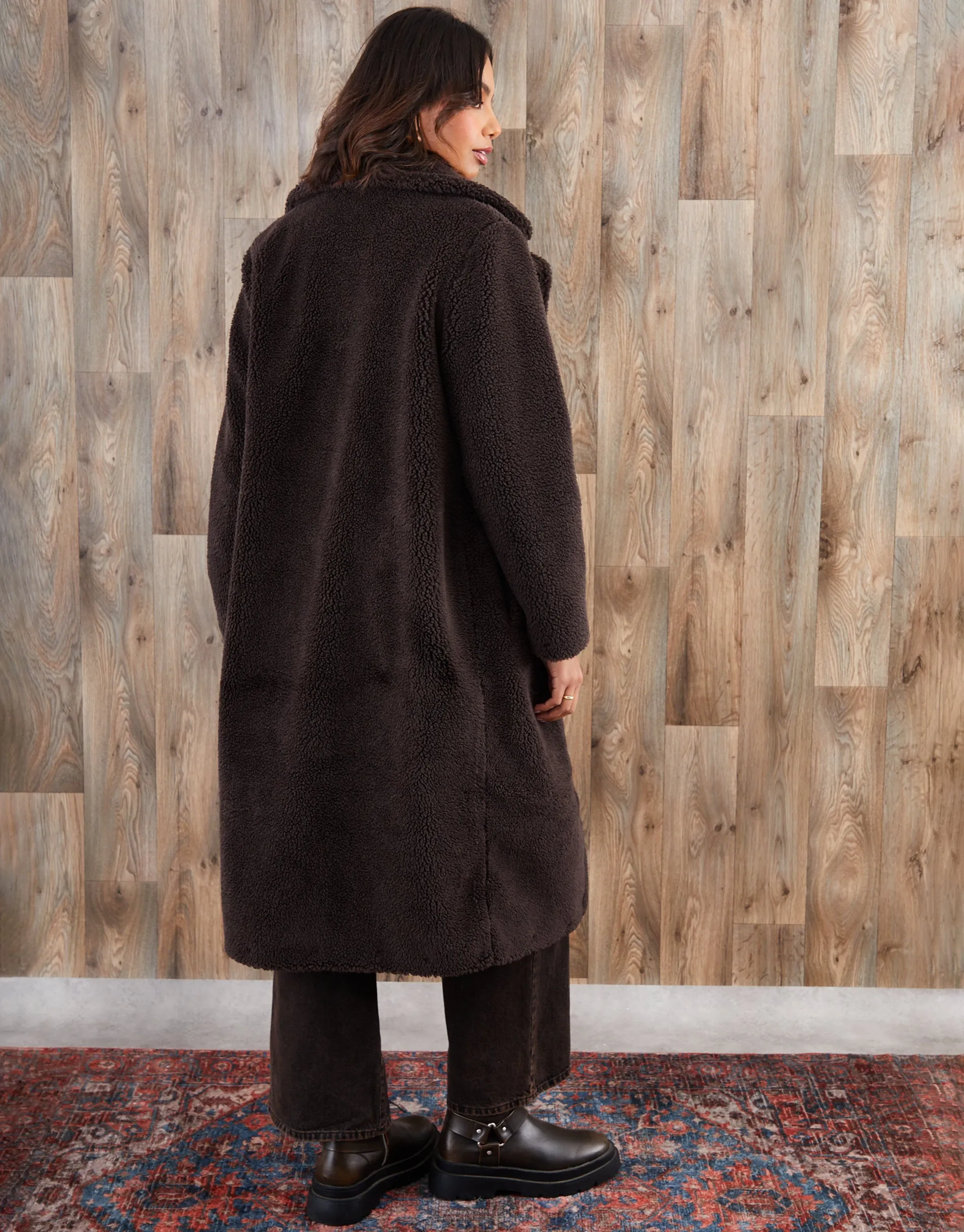 Chocolate Brown Longline Borg Teddy Coat sold by Threadbare product image thumbnail 2