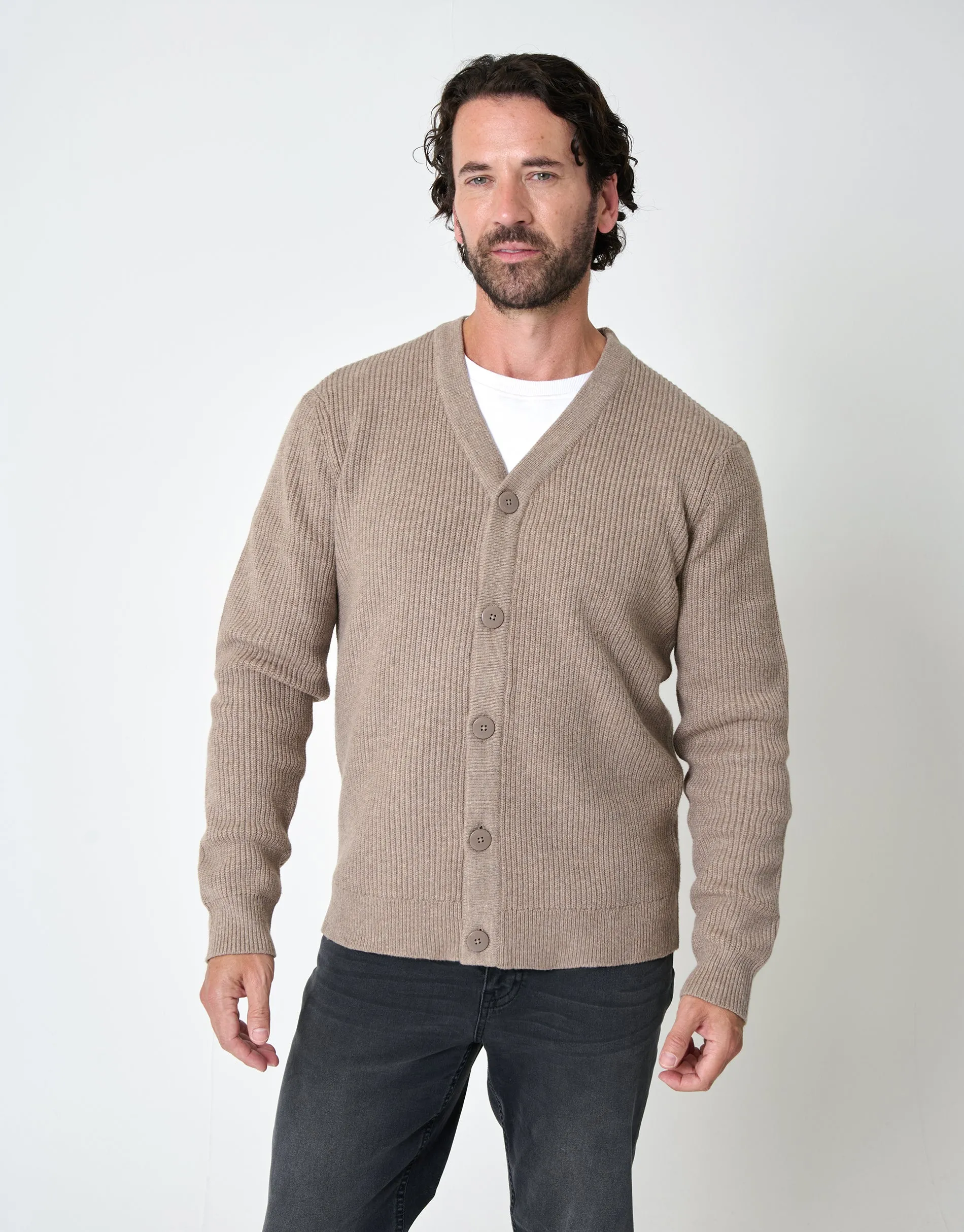 Taupe Rib Knit Button Up Cardigan sold by Threadbare