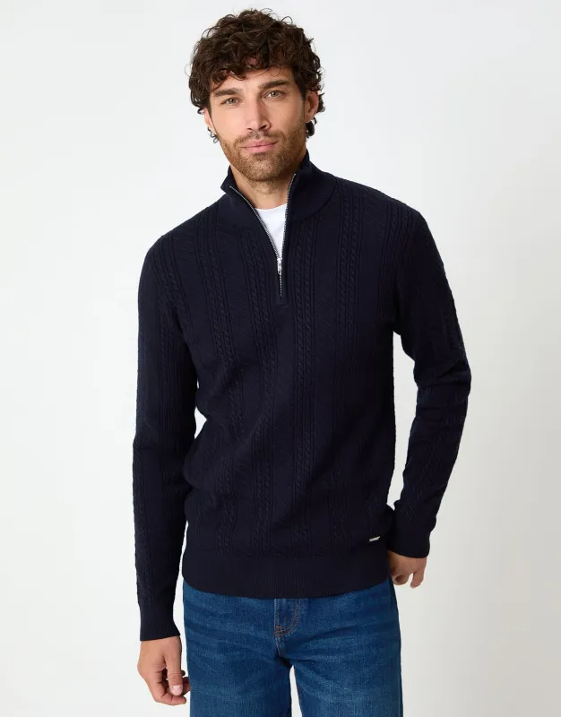 Navy Cable Knit Quarter Zip Jumper sold by Threadbare