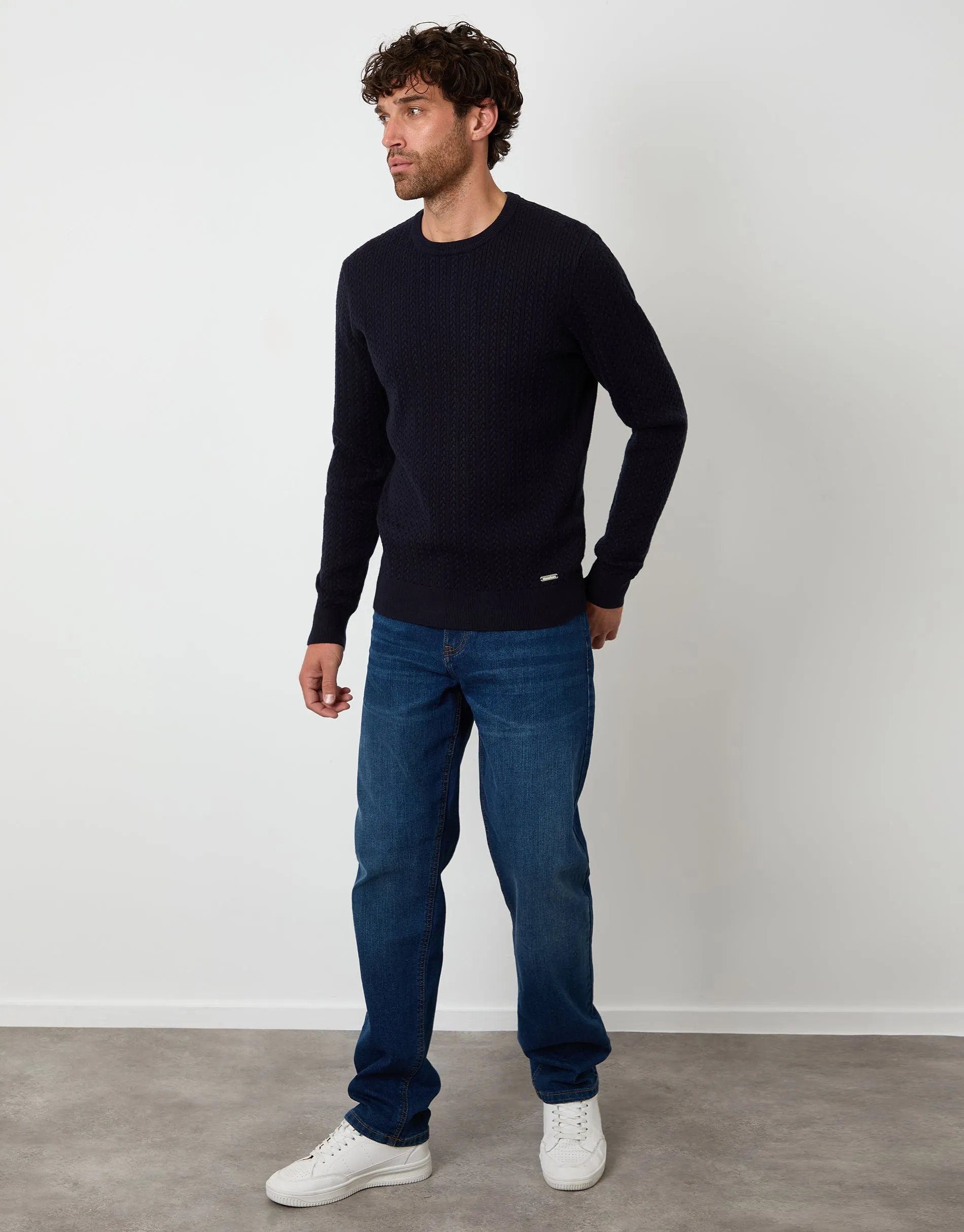 Navy Cable Knit Rib Crew Neck Jumper sold by Threadbare product image thumbnail 3