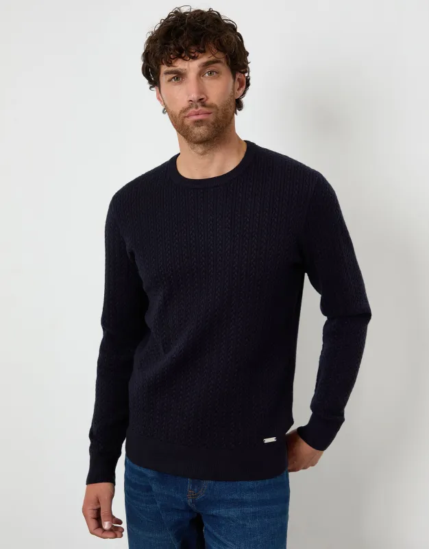 Navy Cable Knit Rib Crew Neck Jumper sold by Threadbare
