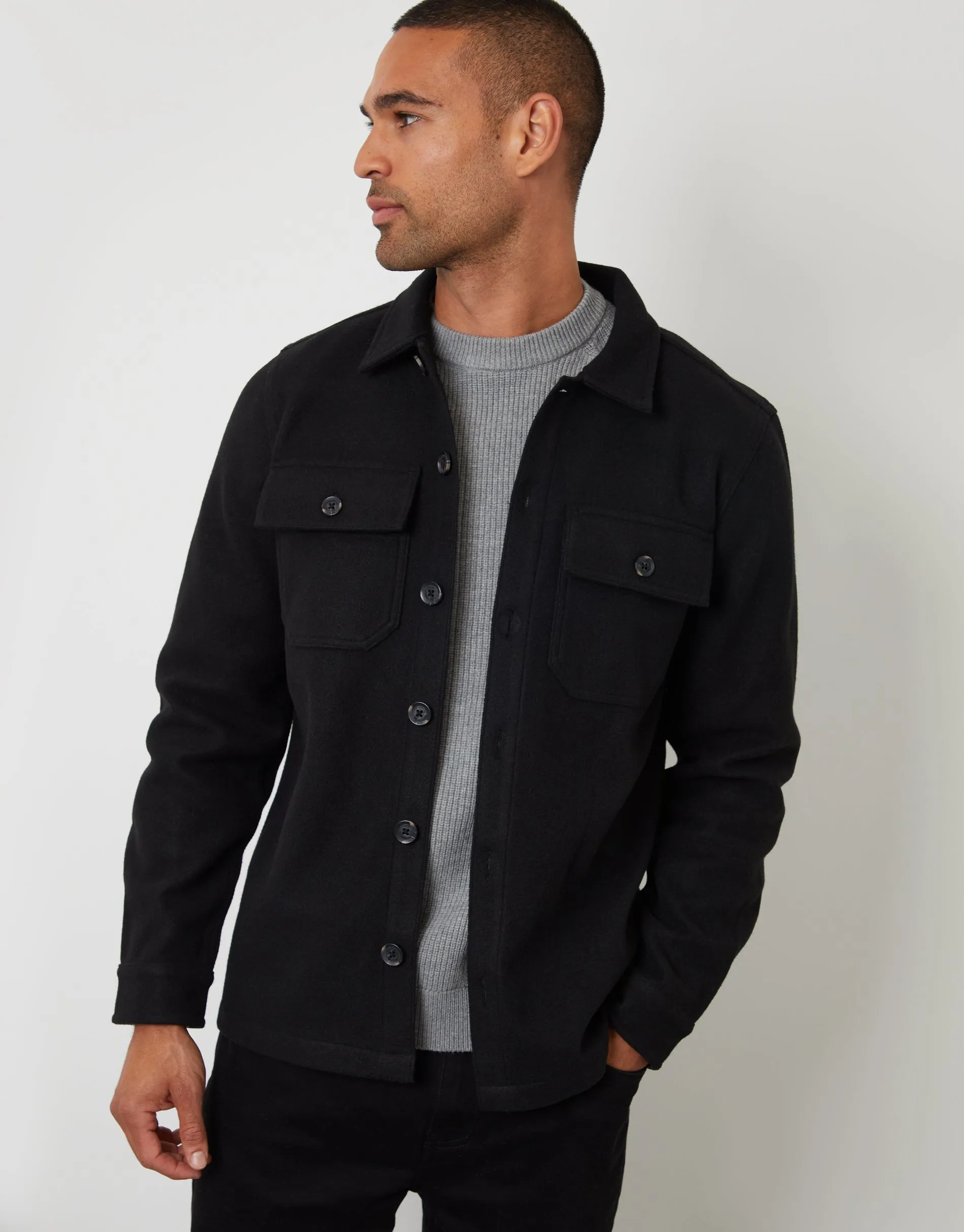 Black Faux Wool Button Up Shacket sold by Threadbare
