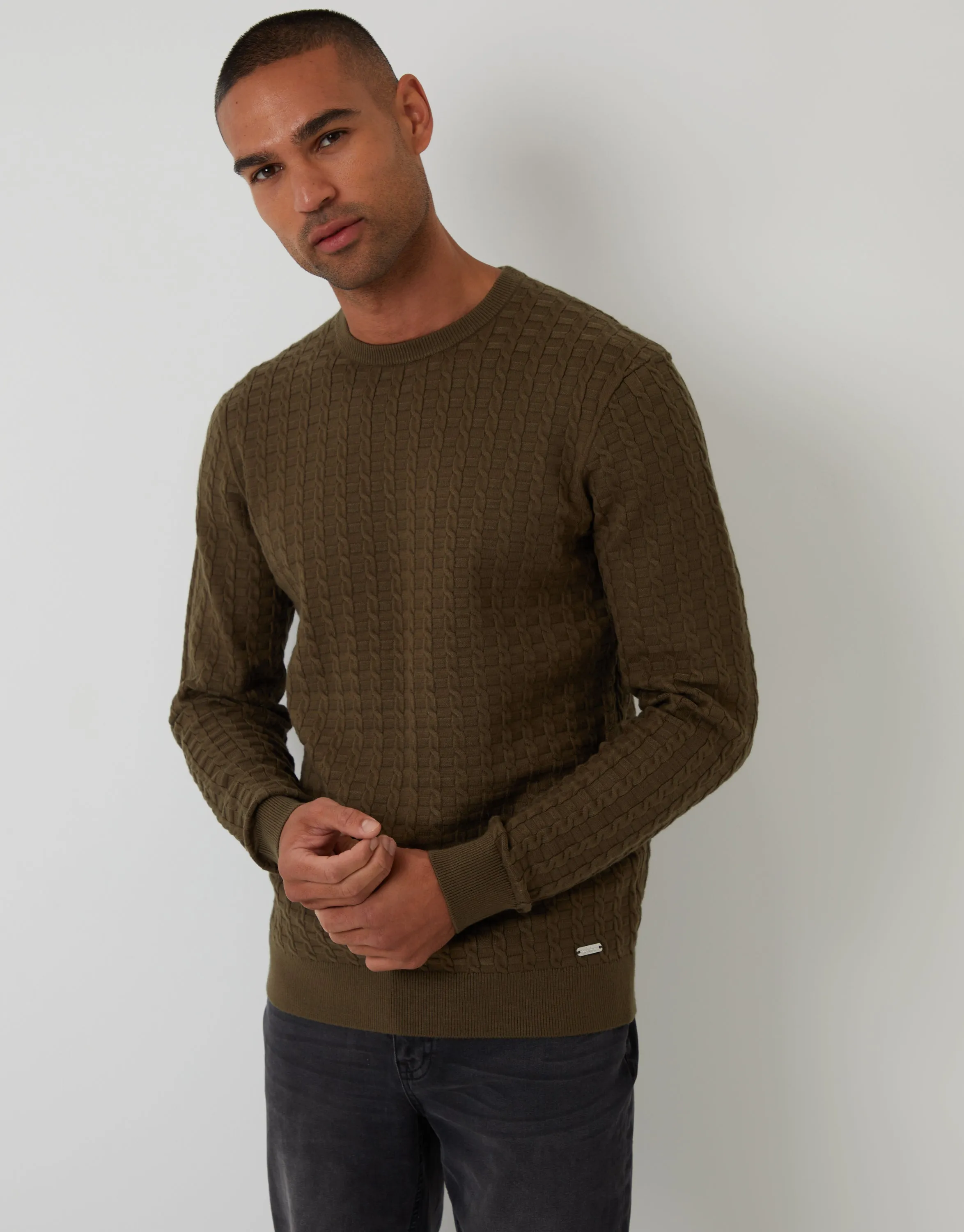 Khaki Green Cable Knit Crew Neck Jumper sold by Threadbare