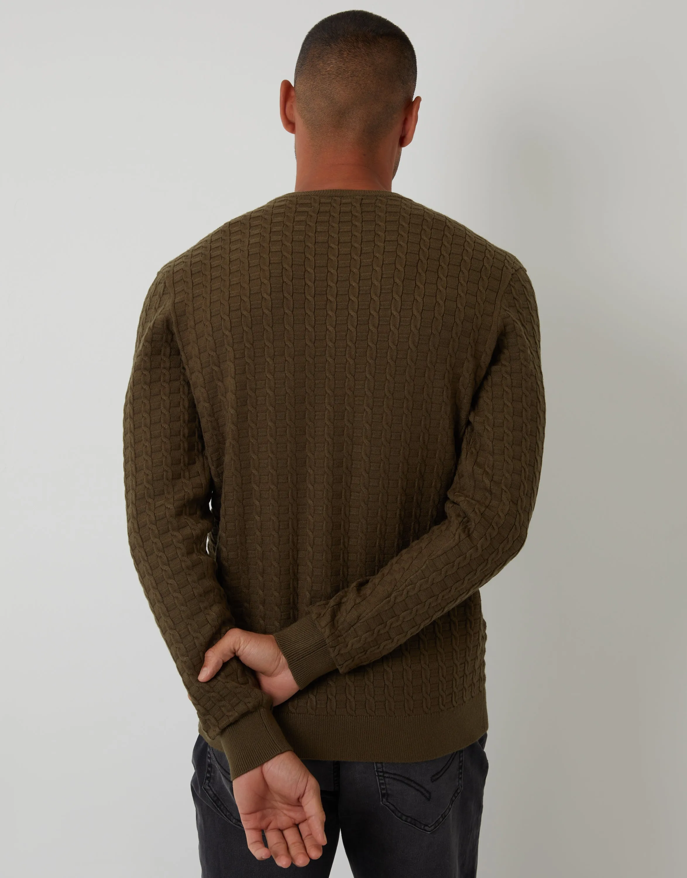 Khaki Green Cable Knit Crew Neck Jumper sold by Threadbare product image thumbnail 2