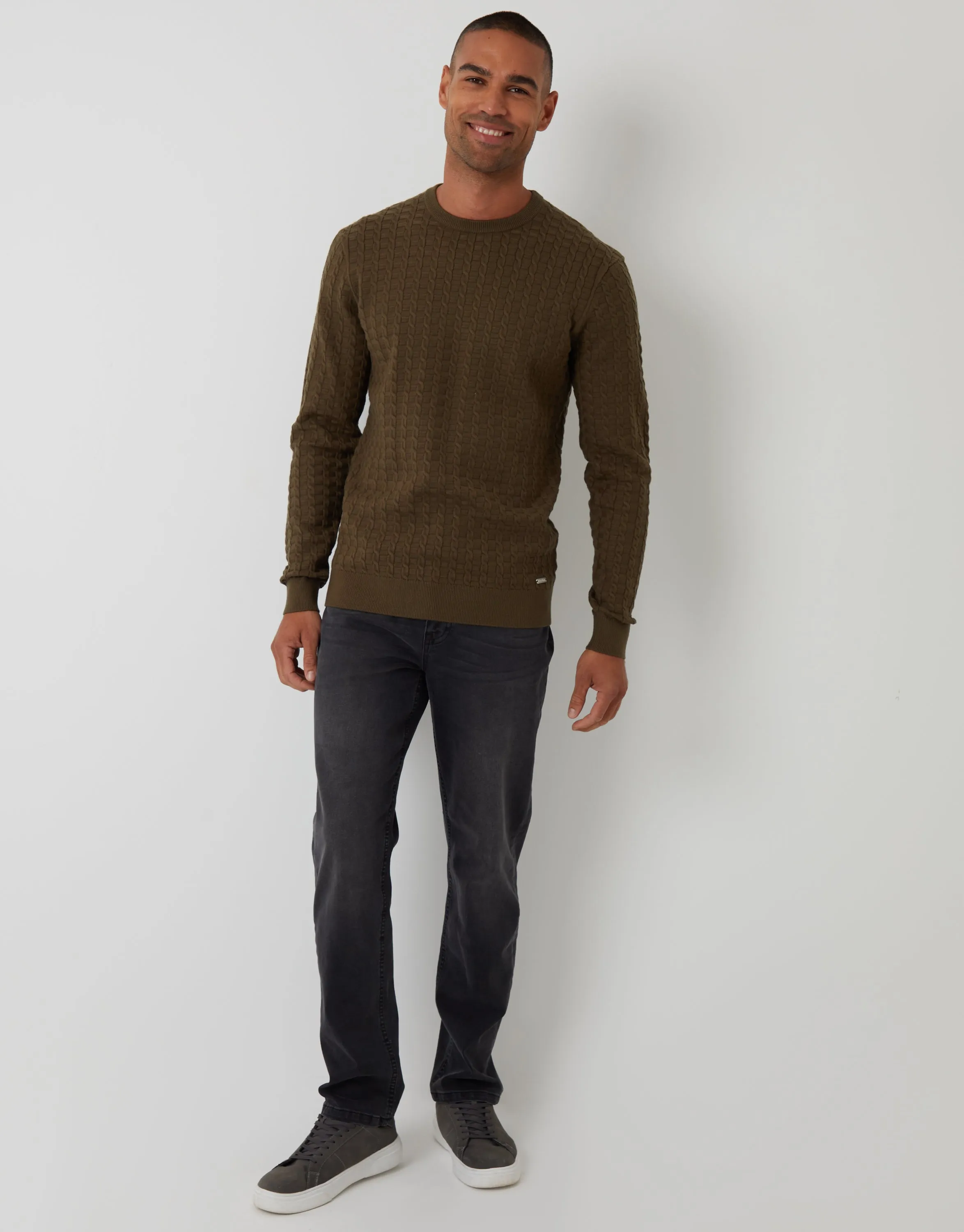 Khaki Green Cable Knit Crew Neck Jumper sold by Threadbare product image thumbnail 3