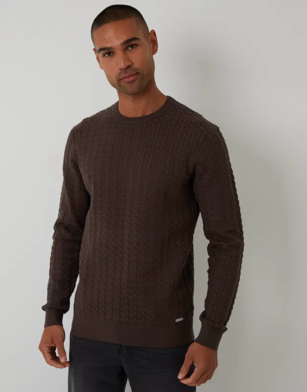 Brown Cable Knit Crew Neck Jumper sold by Threadbare