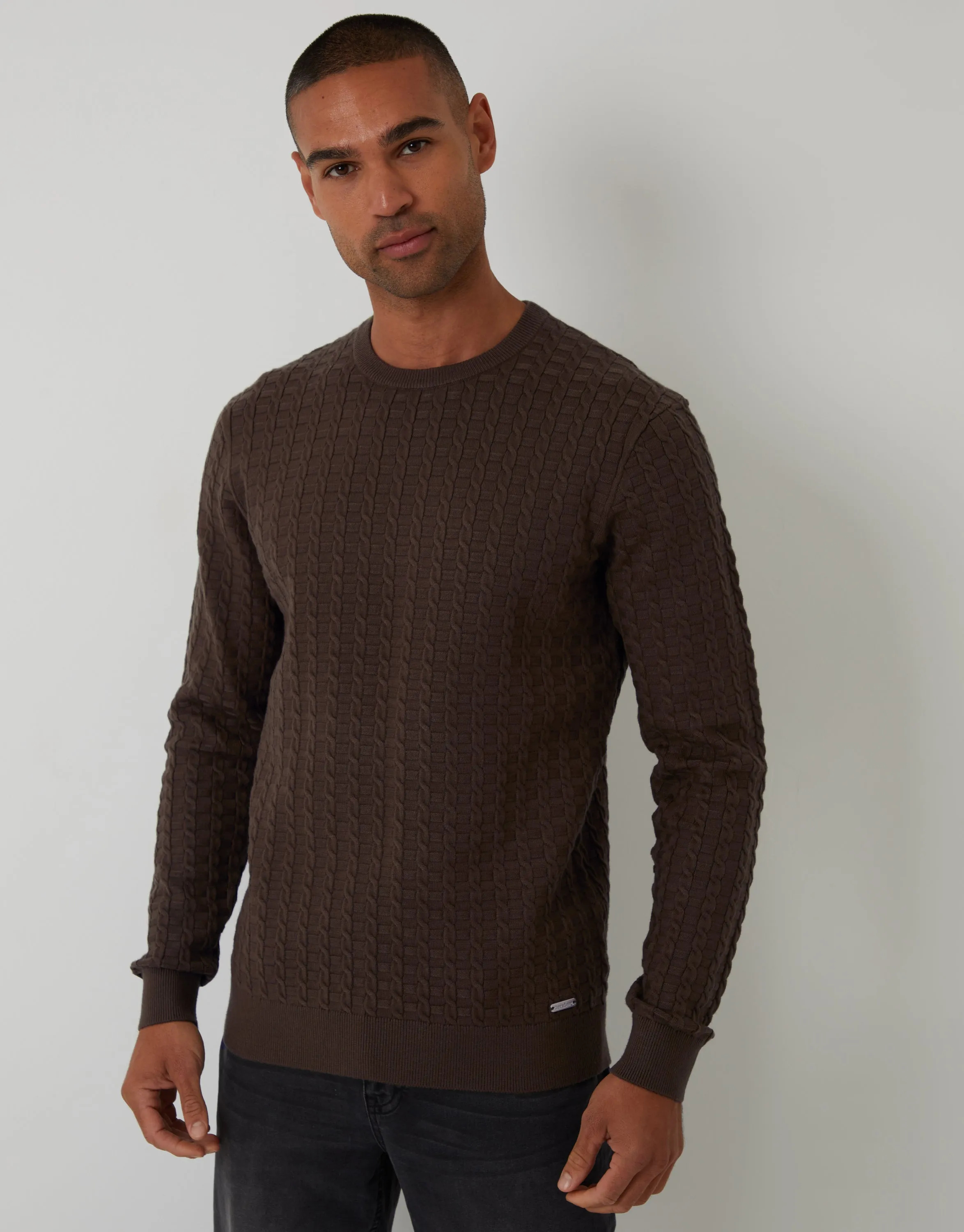 Brown Cable Knit Crew Neck Jumper sold by Threadbare